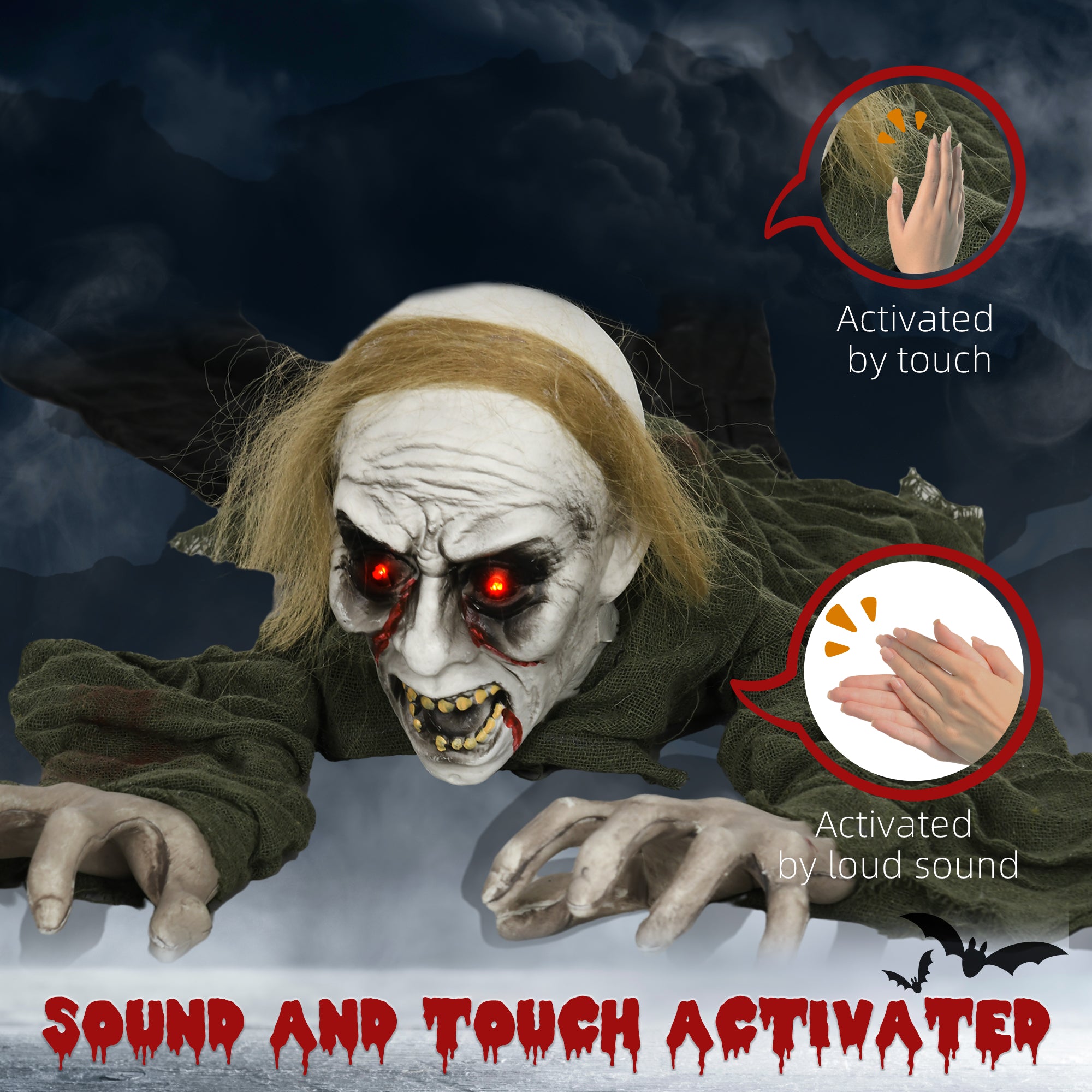 HOMCOM 167 cm Outdoor Halloween Decoration Crawling Zombie, Animated Prop Decor with Sound Activated, Light Up Eyes