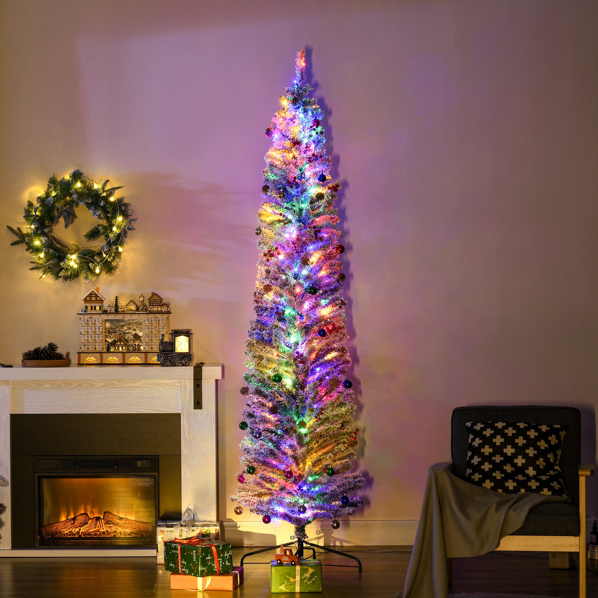 HOMCOM 7.5' Artificial Prelit Christmas Trees Holiday Décor with Colourful LED Lights, Flocked Tips, Berry, Pine Cone