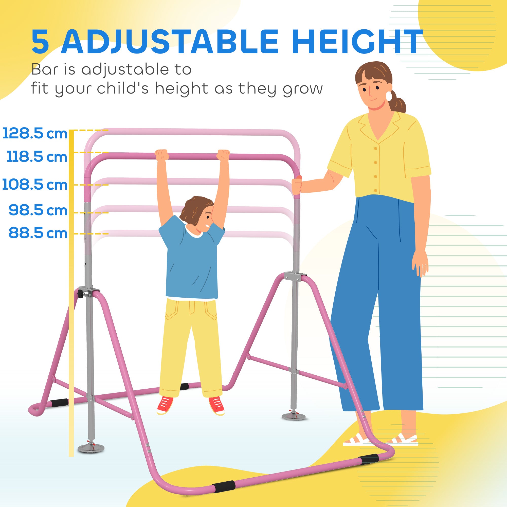 HOMCOM Kids Gymnastic Bar, with Adjustable Height, Foldable Horizontal Bars - Pink
