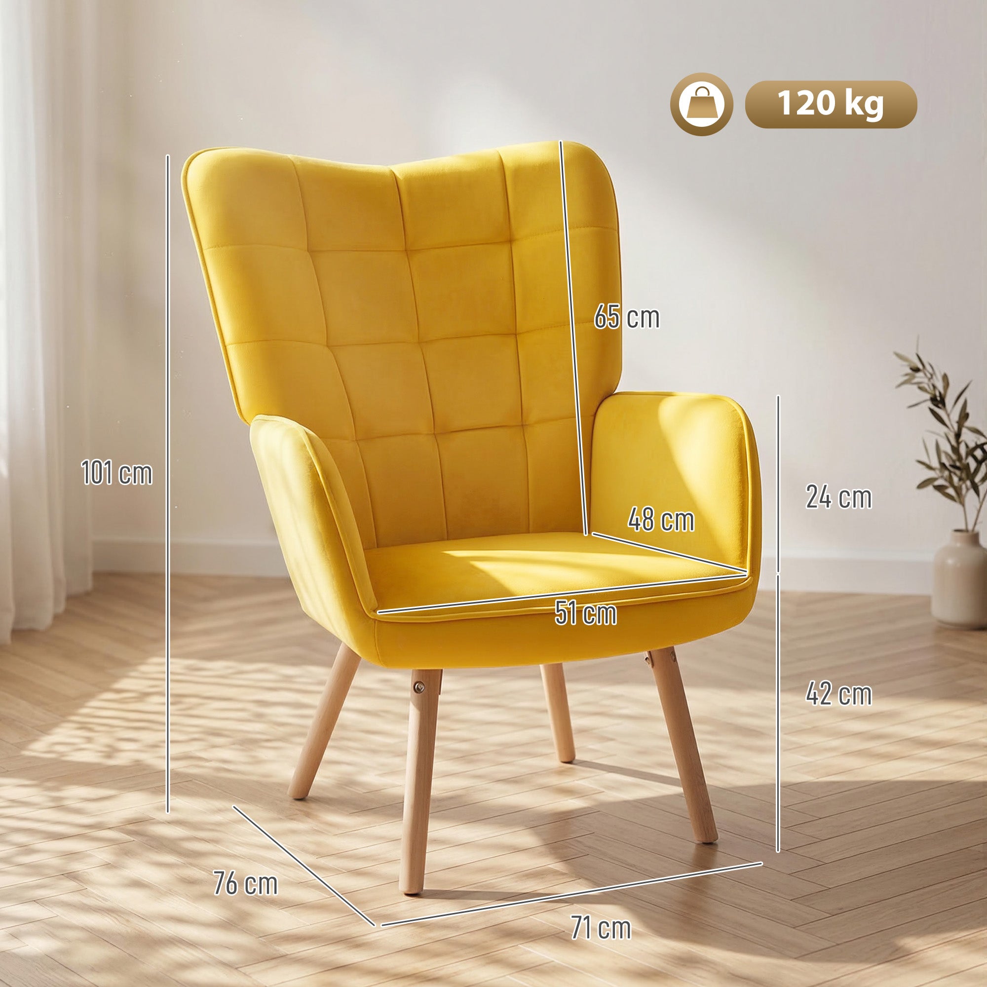 HOMCOM Modern Accent Chair Velvet-Touch Tufted Wingback Armchair Upholstered Leisure Lounge Sofa Club Chair with Wood Legs, Yellow