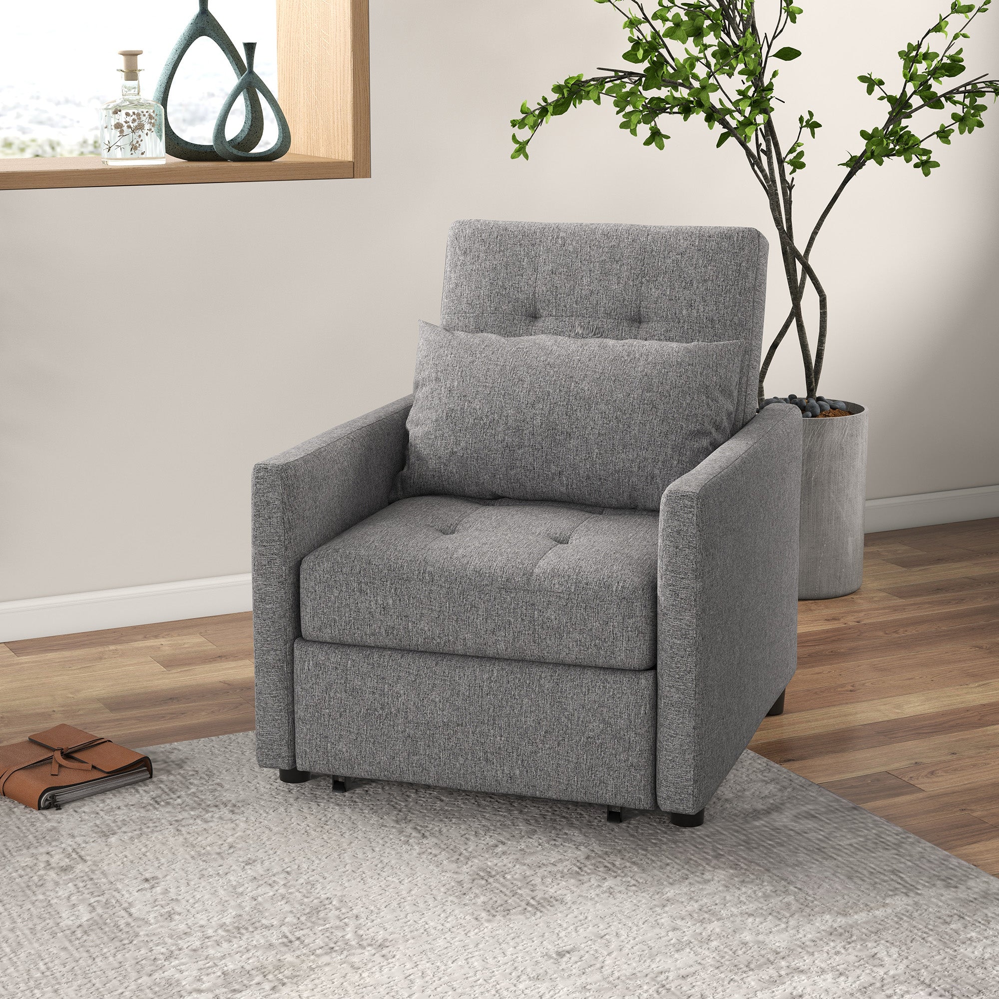 HOMCOM 3-In-1 Chair Bed, Convertible Sleeper Chair with Adjustable Backrest, Pillow and Footrest for Living Room, Grey - North Peak Garden Furniture
