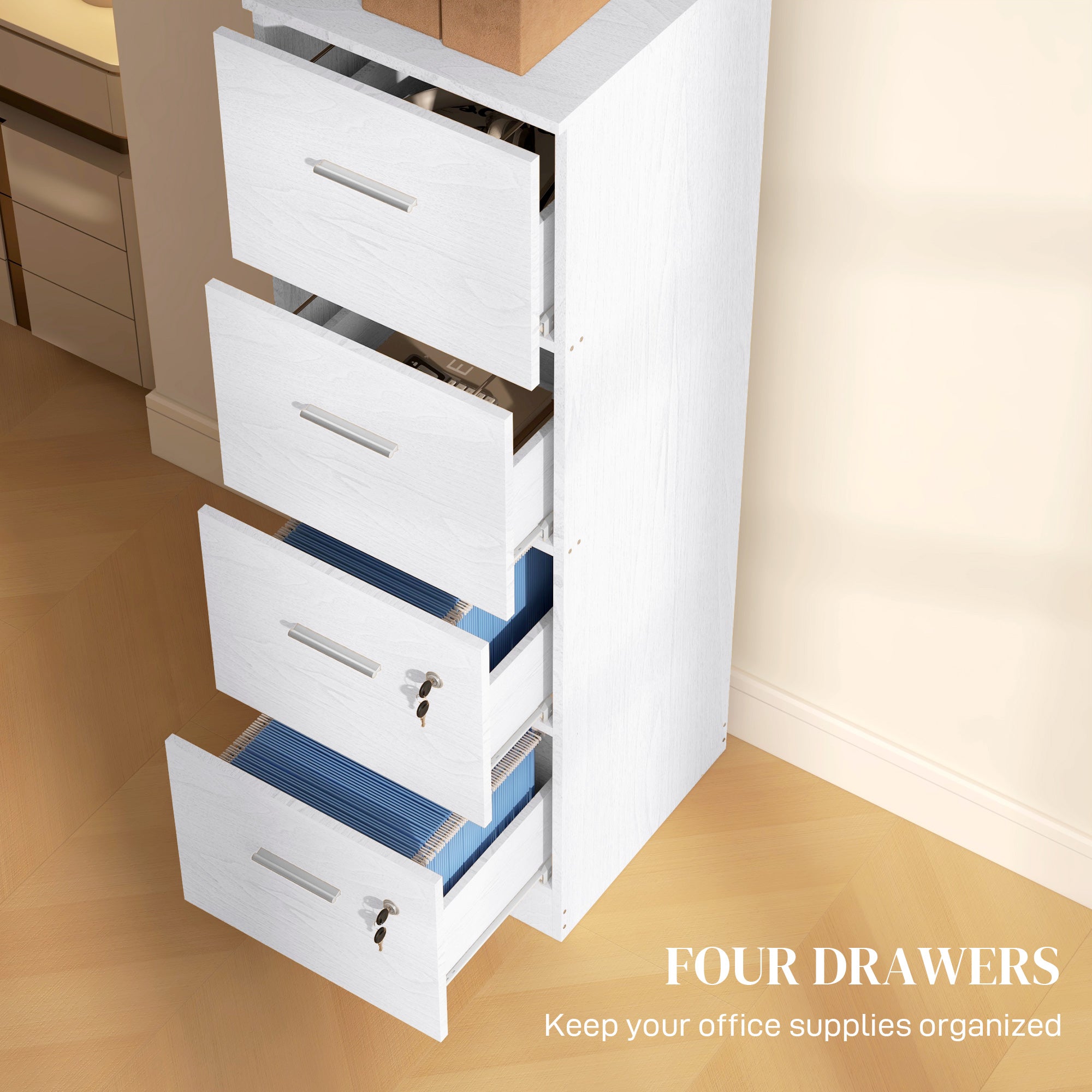 HOMCOM Four-Drawer Lockable Filing Cabinet - White Wood Effect - North Peak Garden Furniture