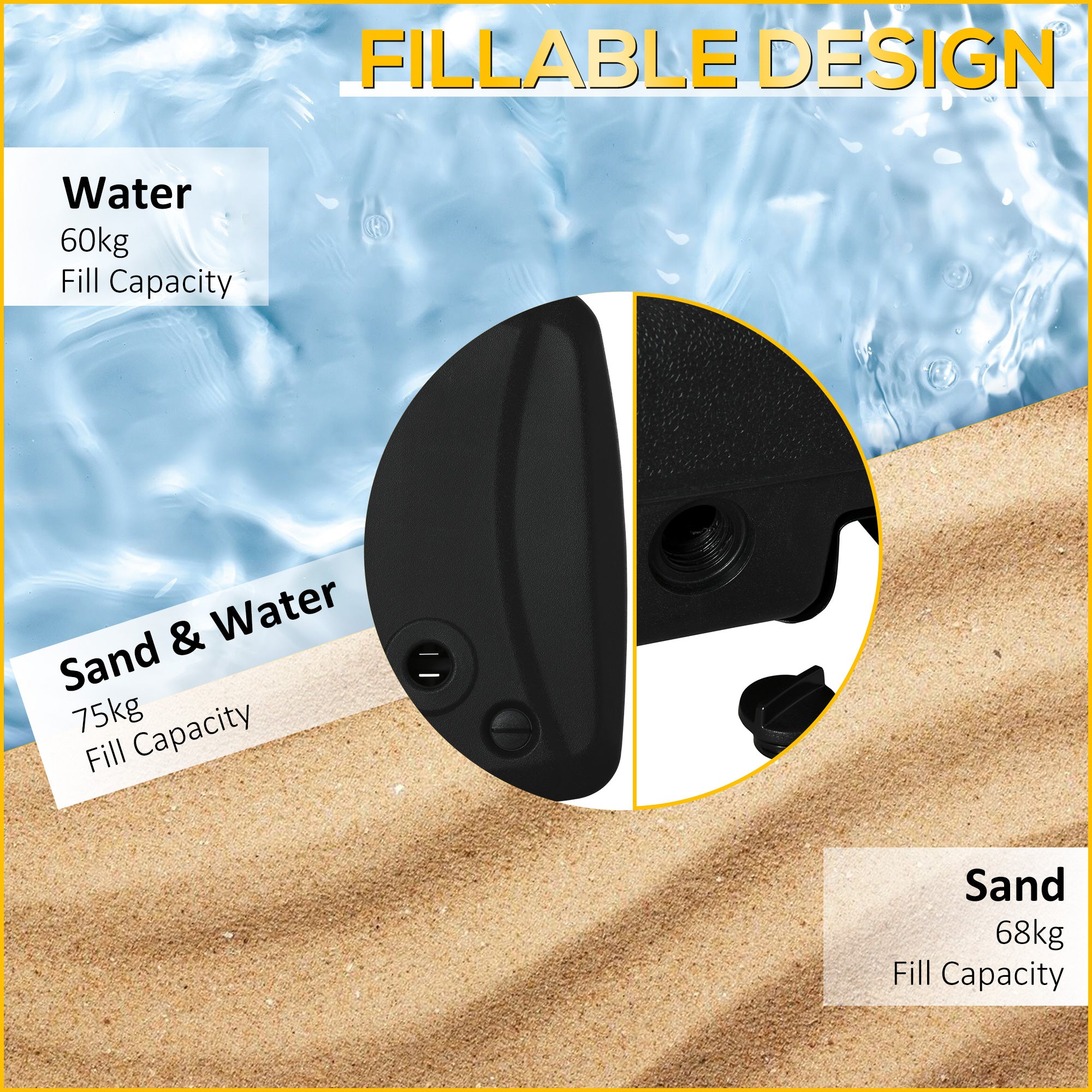 Outsunny Parasol Base, Water and Sand Filled, Up to 75kg, Portable Umbrella Stand Weights for Cantilever Banana Parasol with Wheels, Black - North Peak Garden Furniture