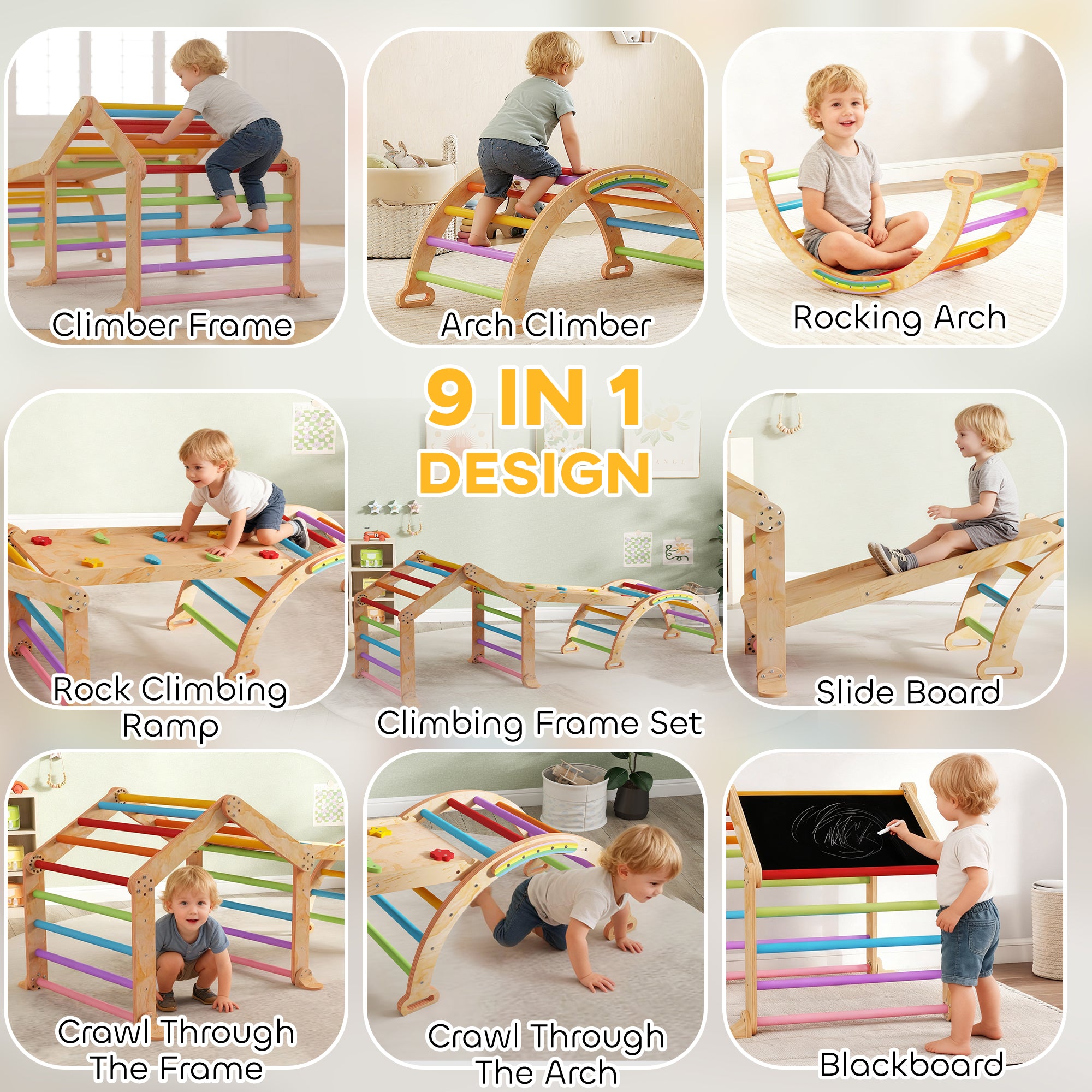 AIYAPLAY 9 in 1 Toddler Climbing Frame with Ramp, Slide, Arch, Ladder, Blackboard for 18-48 Months