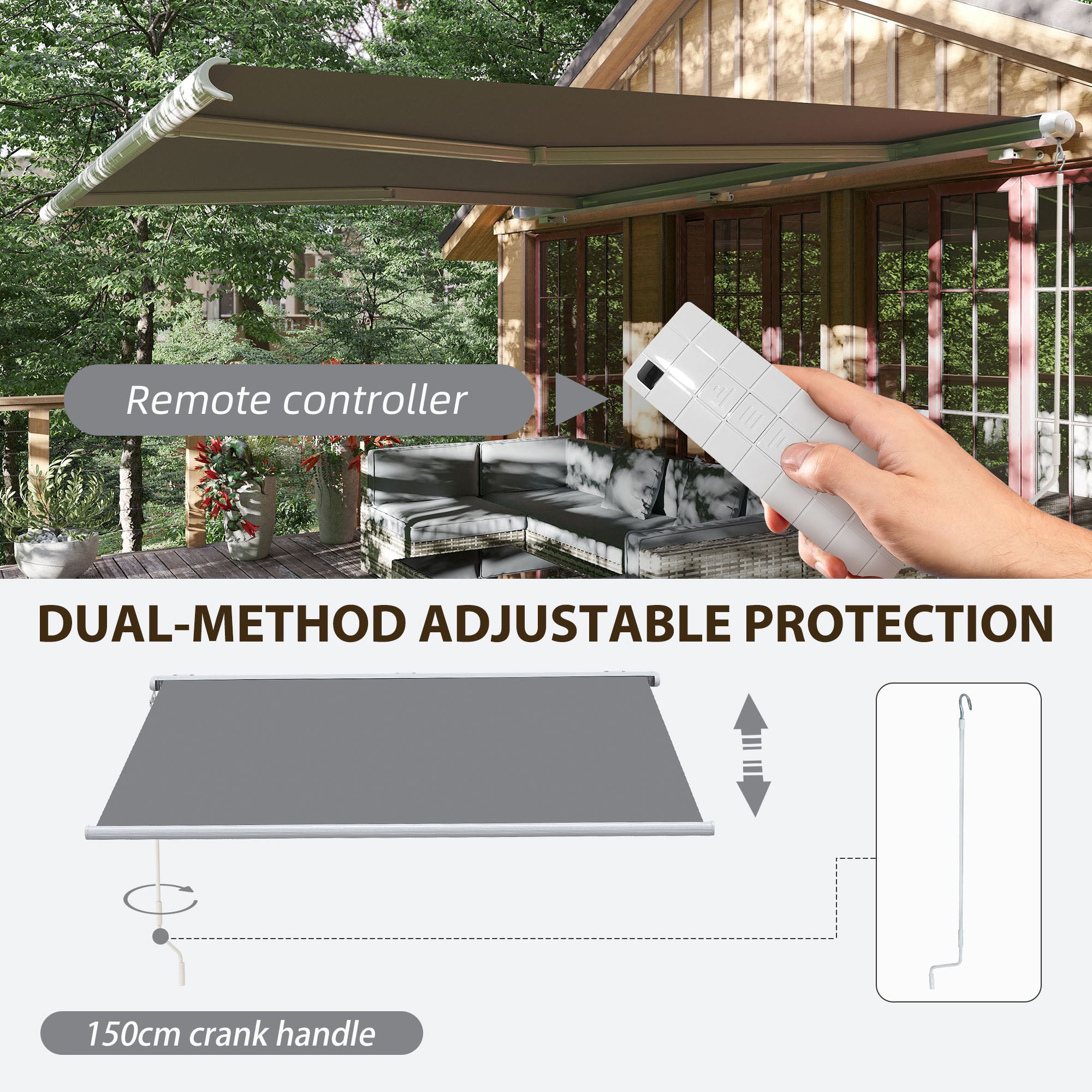 Outsunny 4x3m Full Cassette Electric/Manual Retractable Awning, Sun Canopies for Patio Door Window with Remote Controller, Grey - North Peak Garden Furniture