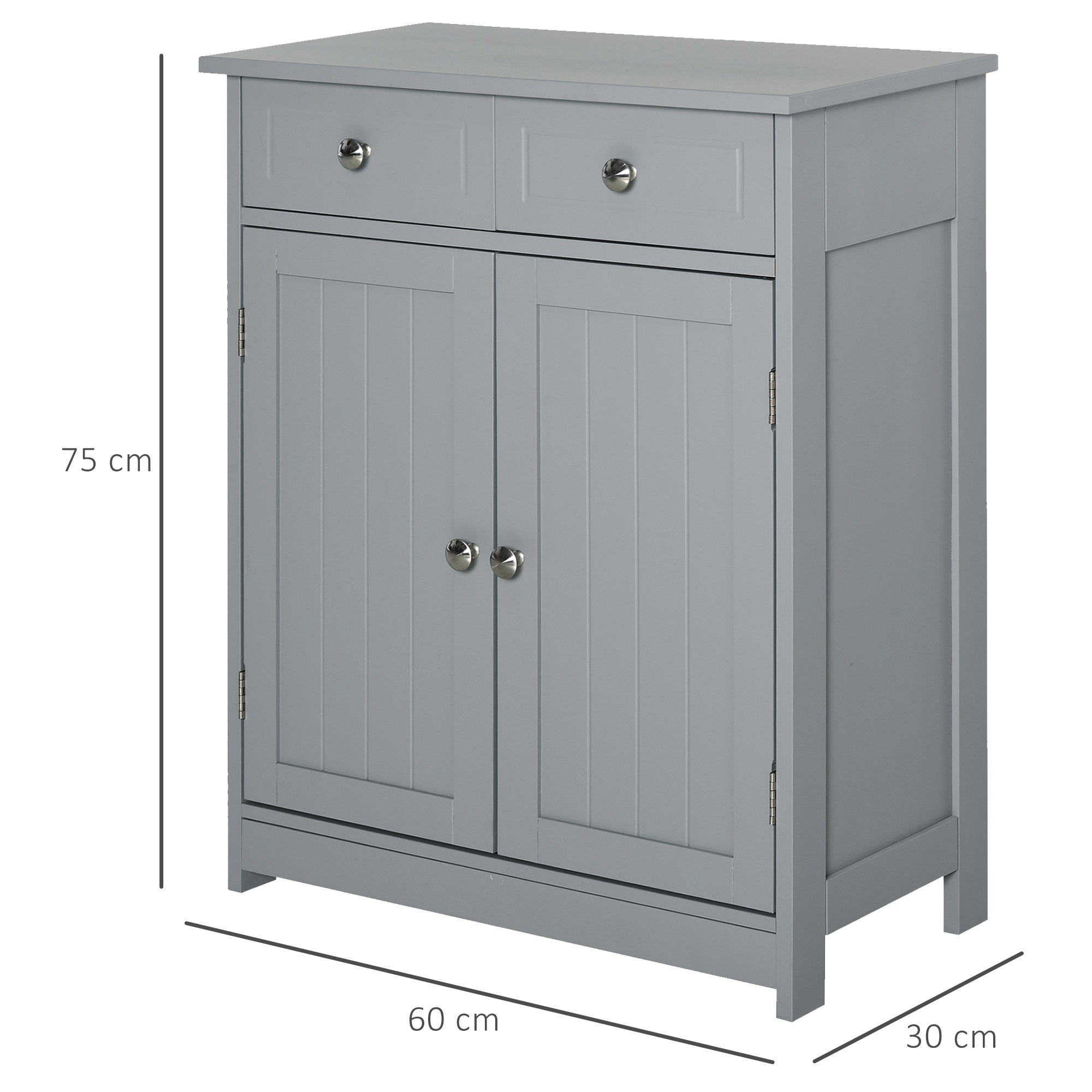 kleankin 75x60cm Freestanding Bathroom Storage Cabinet Unit w/ 2 Drawers Cupboard Adjustable Shelf Metal Handles Traditional Style Grey - North Peak Garden Furniture