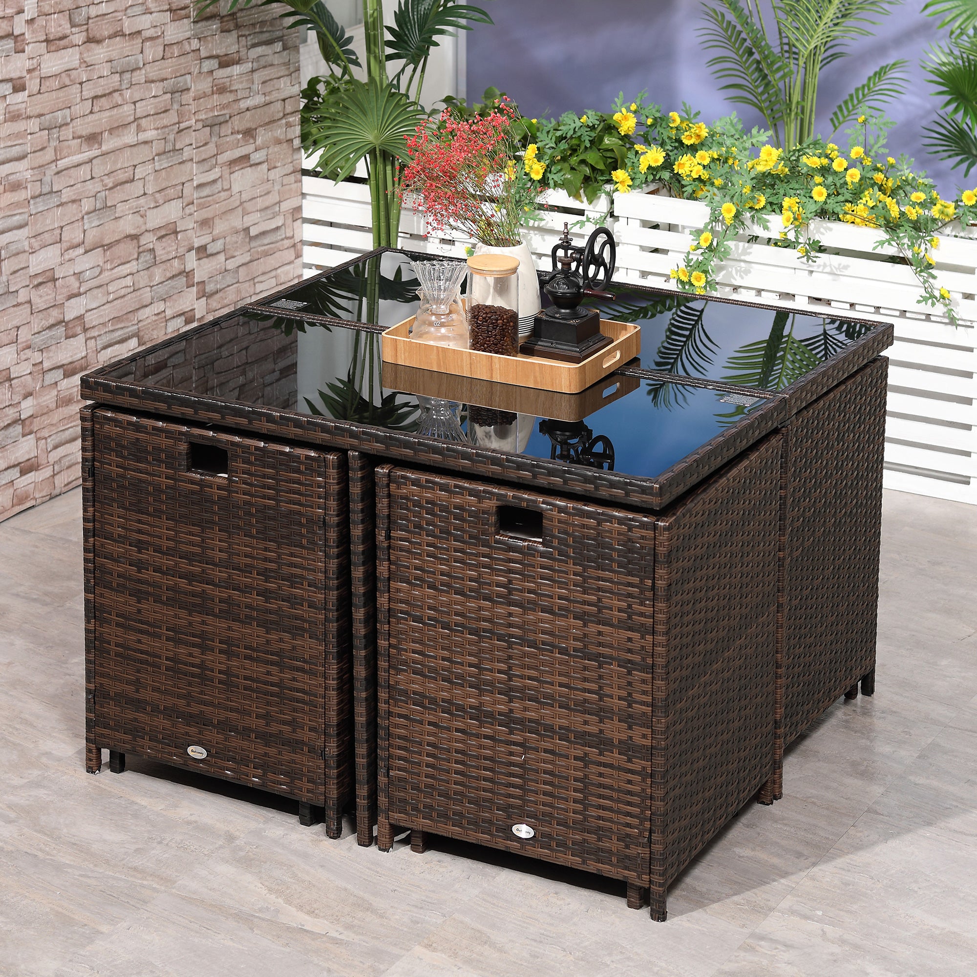 Outsunny 8 Seater Rattan Cube Garden Furniture Set, Rattan Dining Set with Cushions, Outdoor Dining Table and Chairs with 4 Armchairs, 4 Stools, Square Glass Top Table for Patio, Balcony, Brown - North Peak Garden Furniture