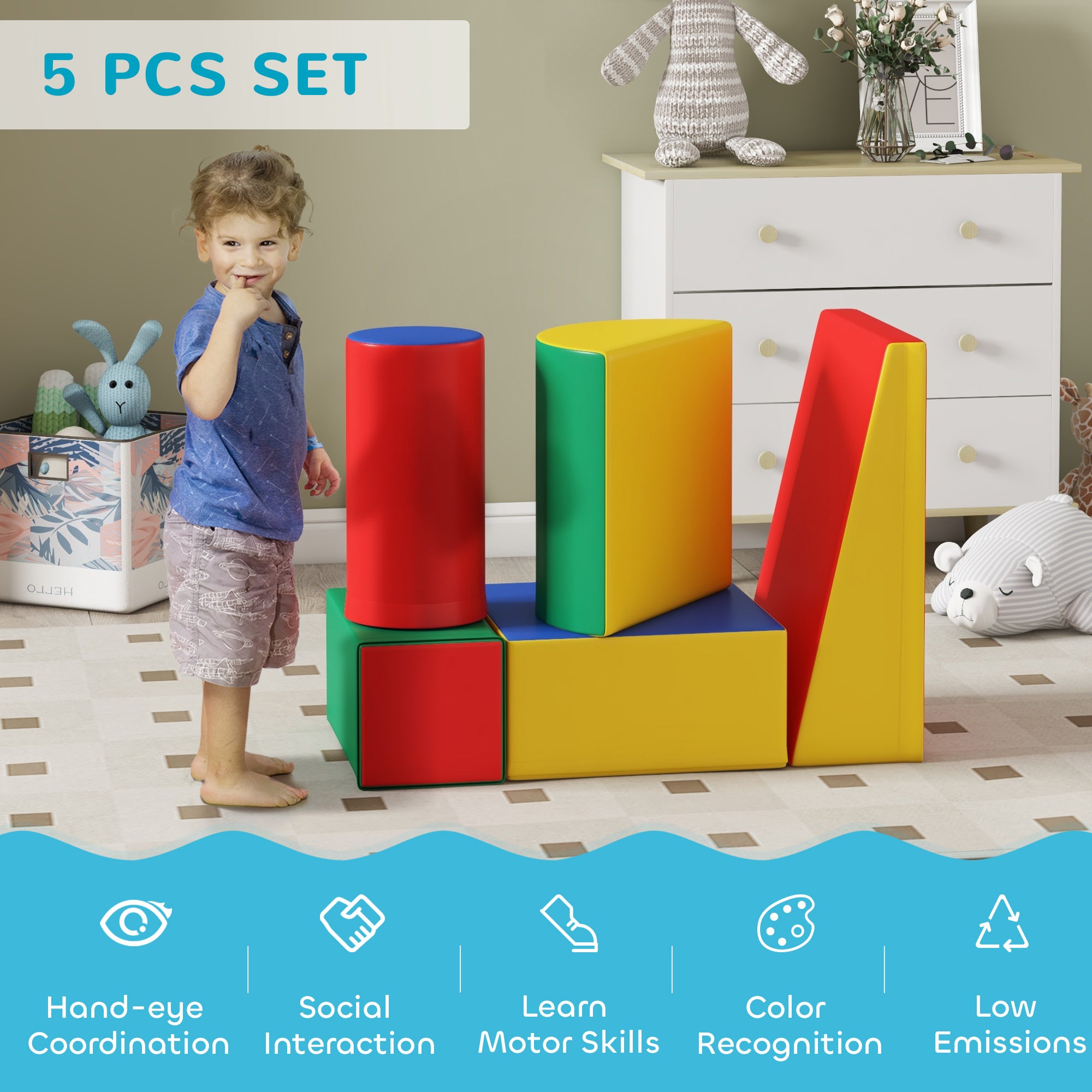 HOMCOM 5 Piece Soft Safe Foam Playset, Climb and Crawl Activity Toy for Toddlers, Yellow - North Peak Garden Furniture