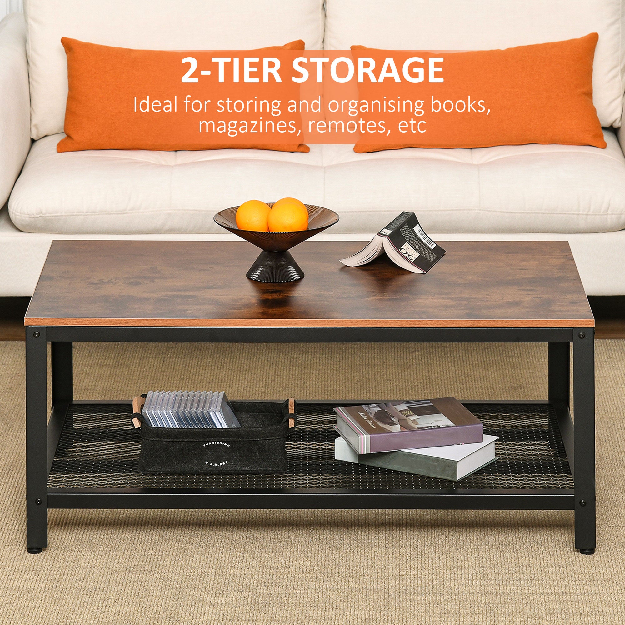 HOMCOM Coffee Table Industrial Side Table Living Room Table with Storage Shelf and Metal Frame for Home Office, 106L x 60W x 45Hcm - North Peak Garden Furniture