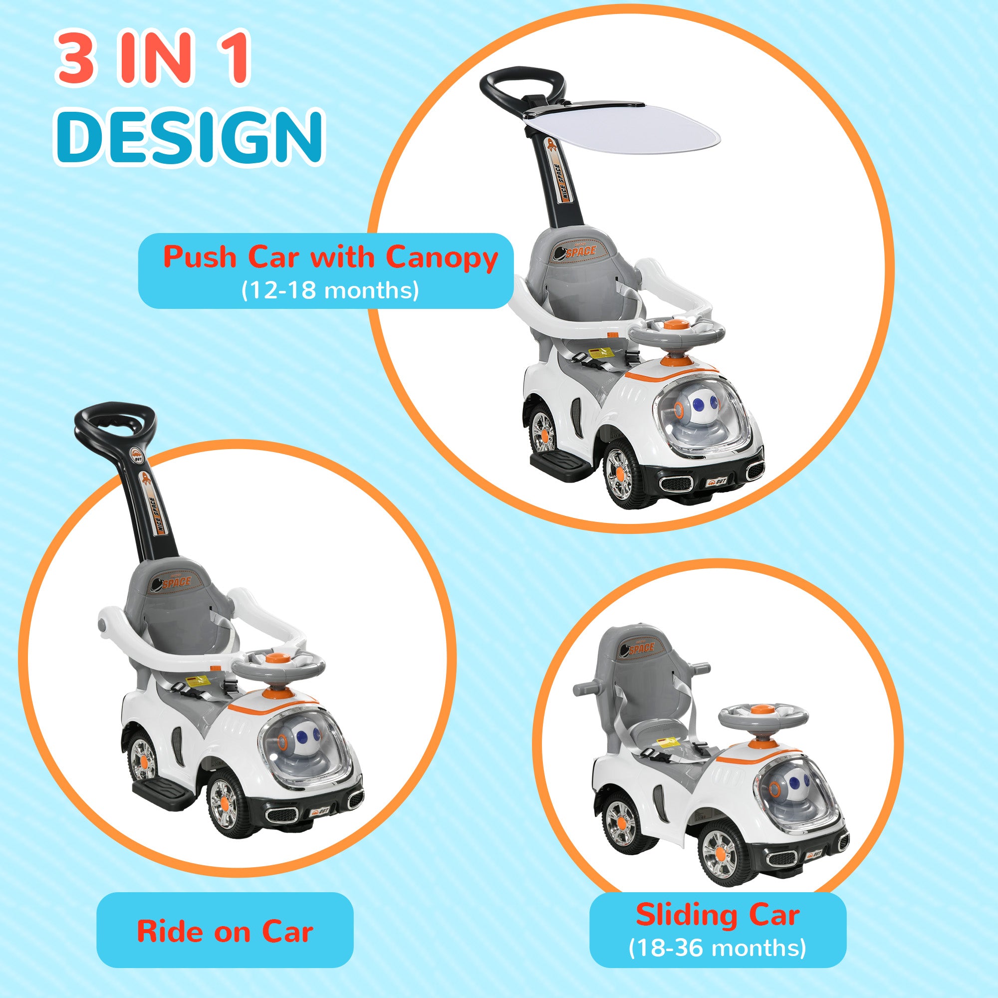 AIYAPLAY 3 in 1 Ride on Push Car, Cartoon Robot Theme Foot to Floor Slider w/ Handle Light Music Horn, Storage - White