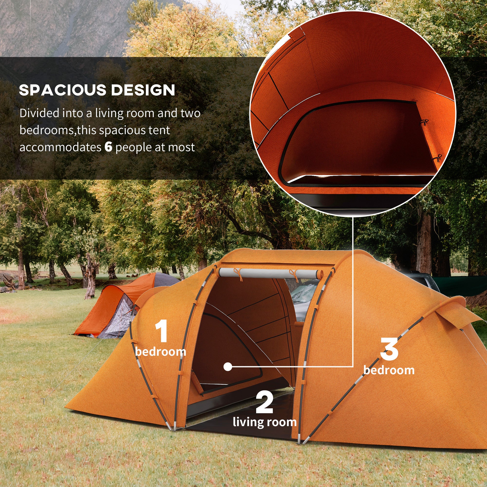 Outsunny 4-6 Man Camping Tent w/ Two Bedroom, Hiking Sun Shelter, UV Protection Tunnel Tent, Orange - North Peak Garden Furniture