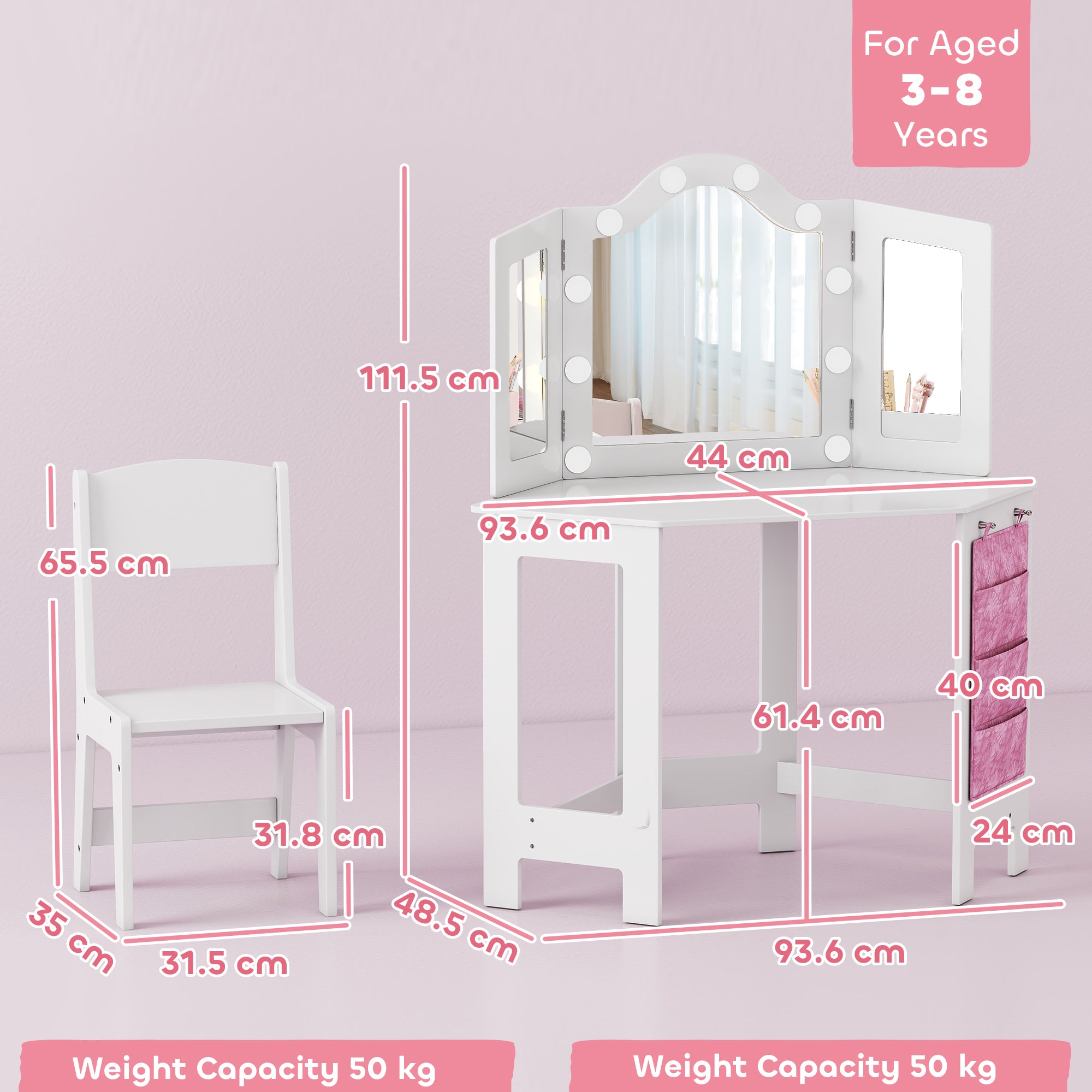 AIYAPLAY Kids Dressing Table and Stool Set, Girls Vanity Table with 2-Colour LED Lights, Tri-Folding Mirror, White