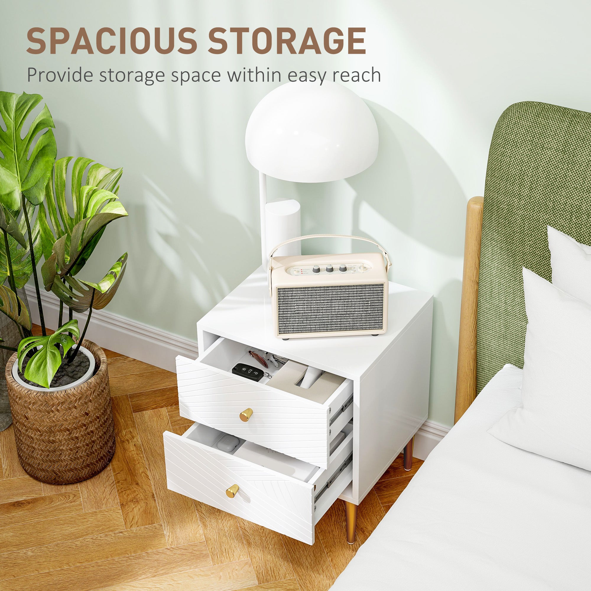 HOMCOM Elegant Two-Drawer Bedside Table - White/Gold-Tone - North Peak Garden Furniture