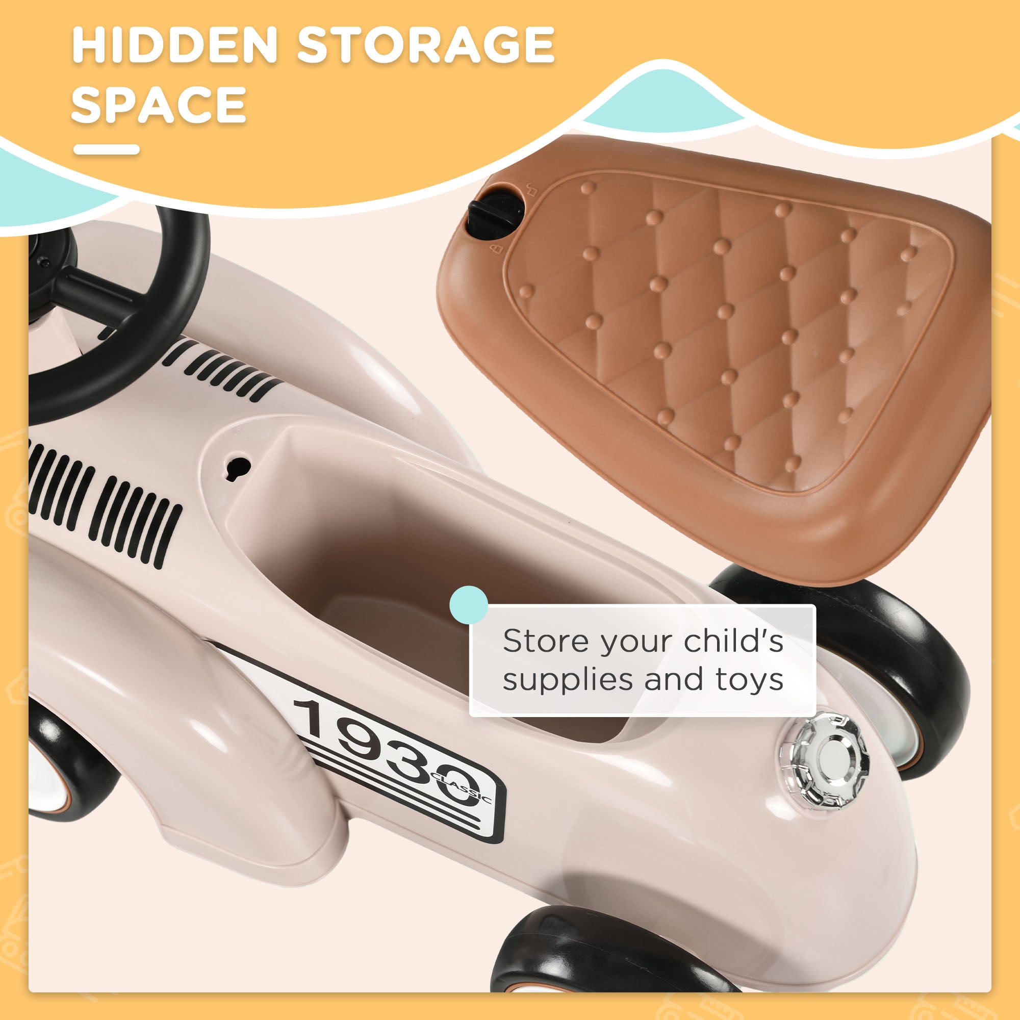 AIYAPLAY Foot to Floor Slider for Toddlers with Under-Seat Storage, Ride on Sliding Car with Horn, for Ages 12-36 Months - Cream - North Peak Garden Furniture