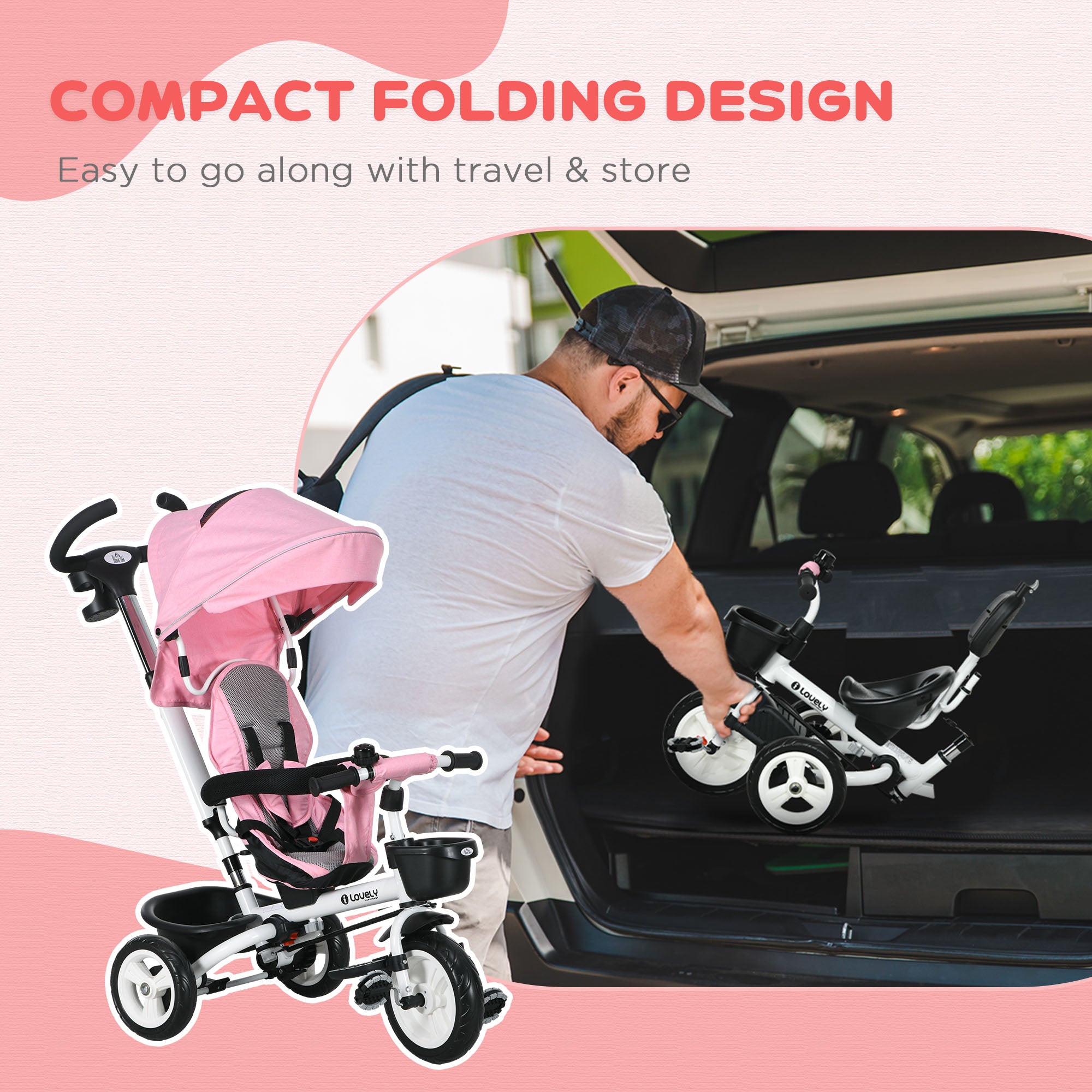 HOMCOM Metal Frame 6 in 1 Baby Push Tricycle with Parent Handle for 1-5 Years Old, Pink - North Peak Garden Furniture