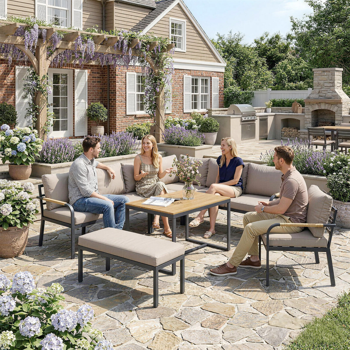Outsunny 7 Seater Garden Furniture Set, Metal Garden Sofa Set with Cushions, Outdoor Furniture Conversation Sets, Khaki