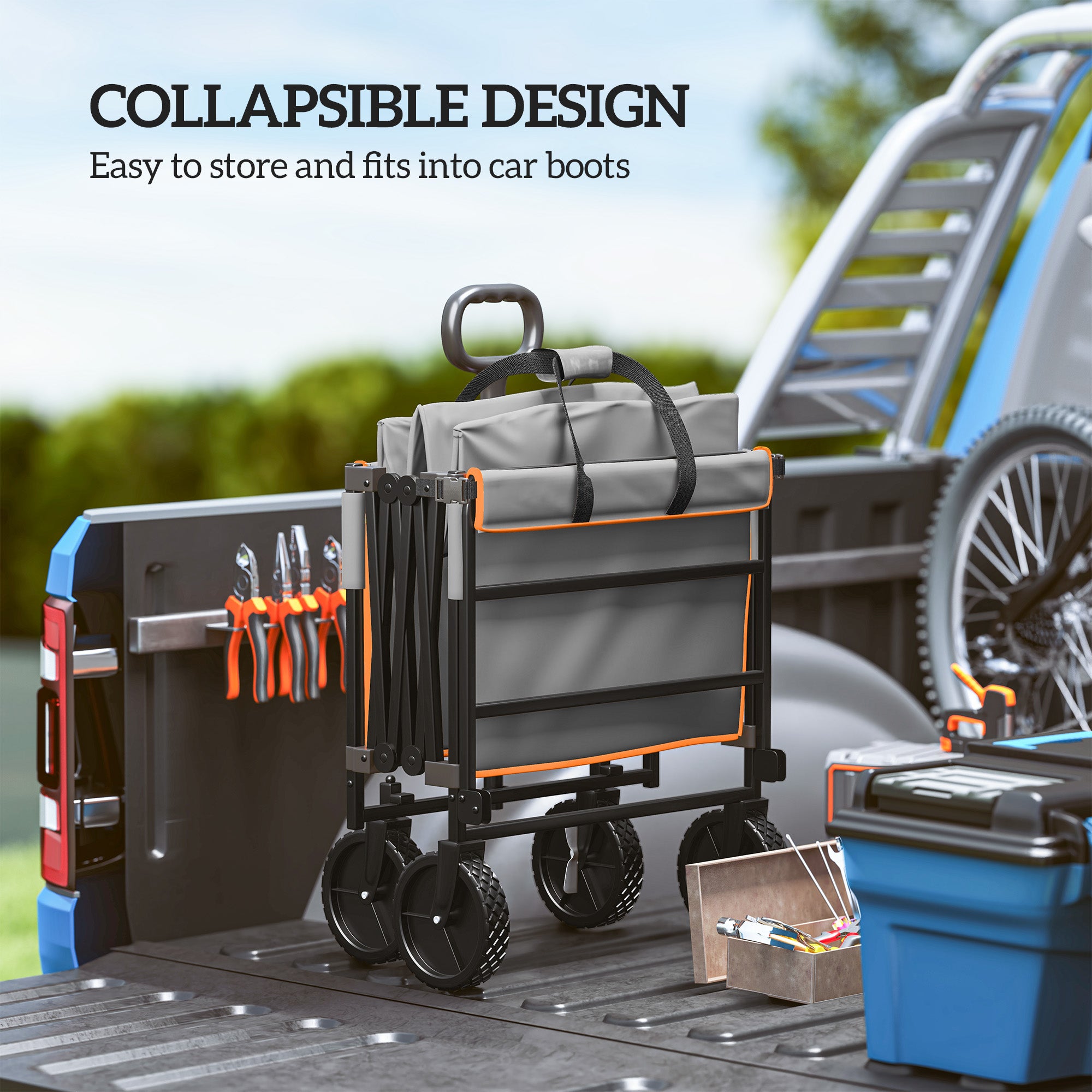Outsunny 160L Festival Trolley on Wheels, Folding Camping Trolley Cart w/ Tailgate, 100kg Heavy Duty Garden Collapsible Folding Wagon w/Adjustable Handle, Carry Bag for Beach Picnic, Grey and Orange - North Peak Garden Furniture