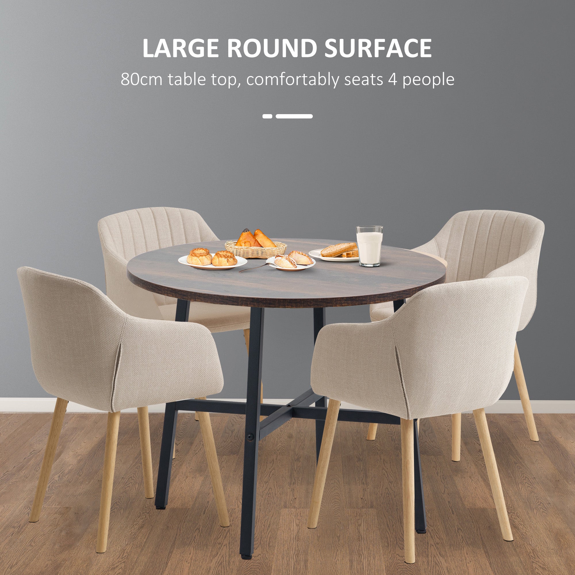 HOMCOM 85cm Dining Room Table, Industrial Style Kitchen Table Round with Steel Legs, Rustic Brown - North Peak Garden Furniture