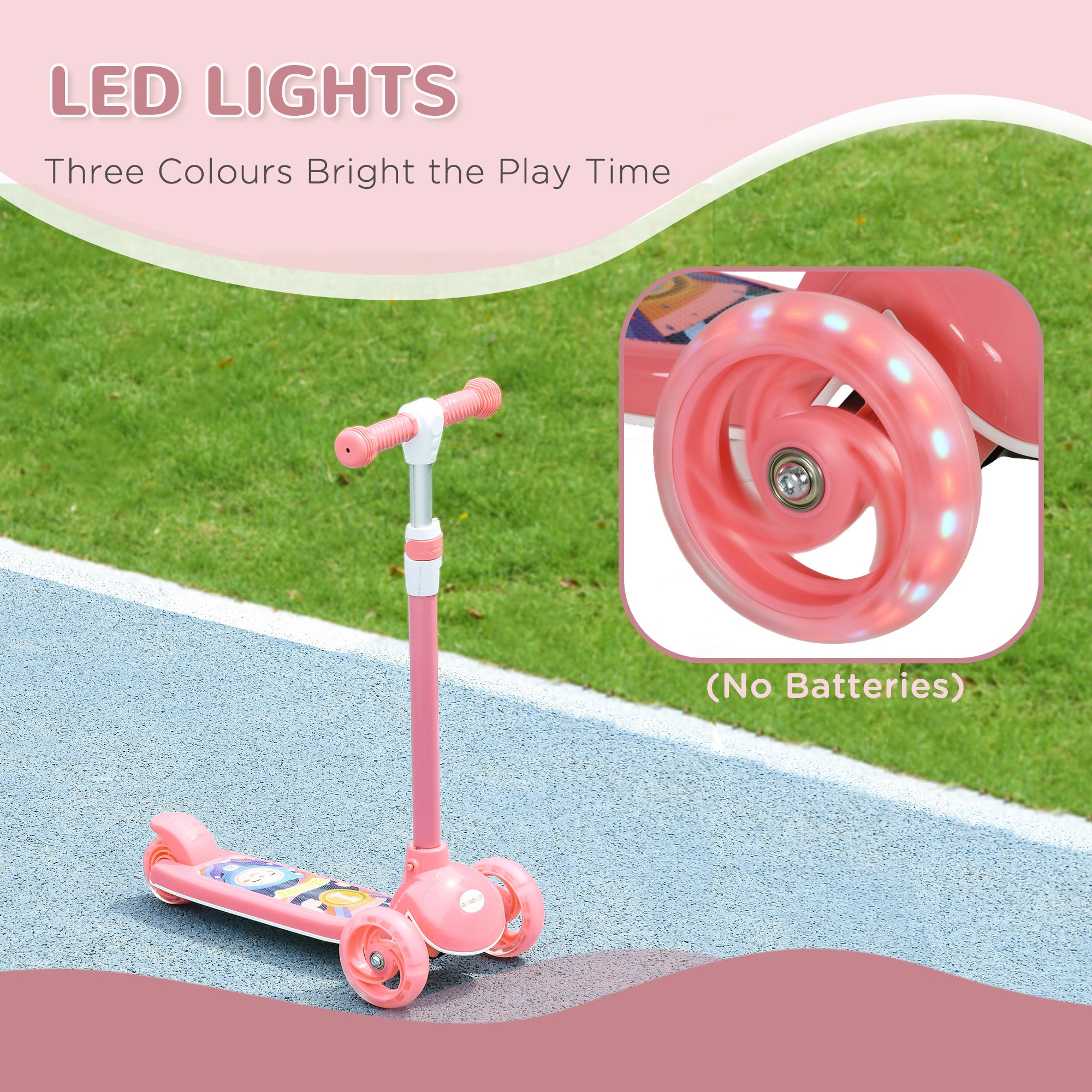 AIYAPLAY Kids 3 Wheel Scooter for 2-6 Years Old w/ Adjustable Height, LED Light, TPE Handlebar, Pink - North Peak Garden Furniture