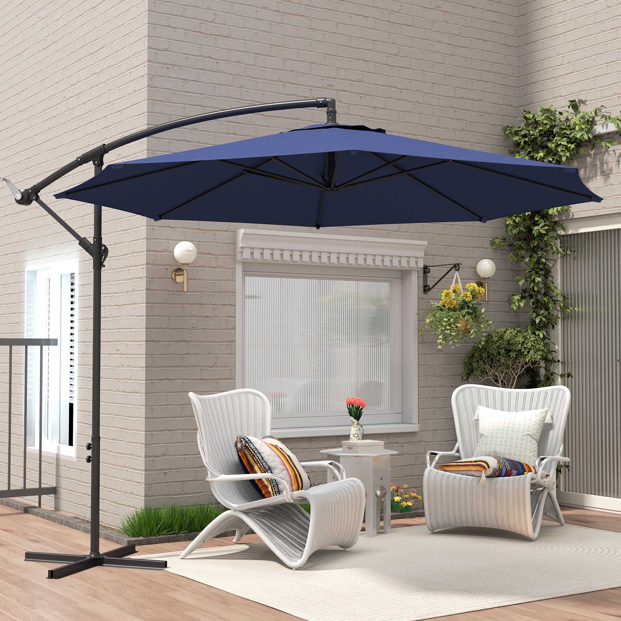 Outsunny 2.45m Overhanging Cantilever Parasol, with Cross Base - Blue - North Peak Garden Furniture