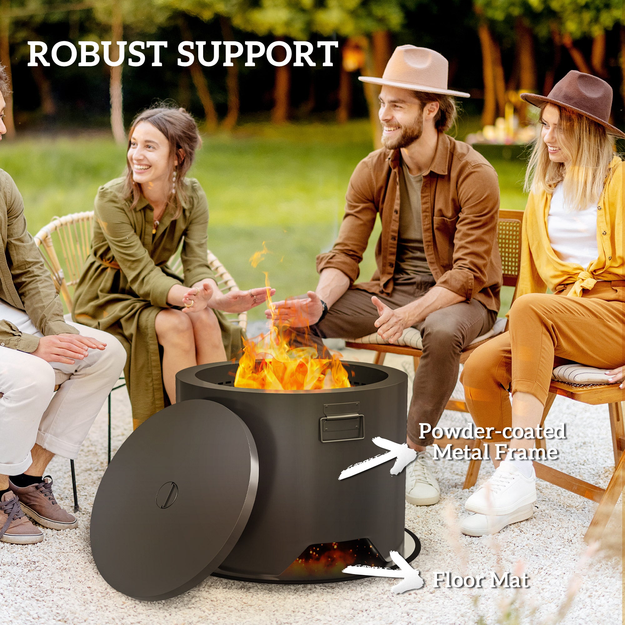 Outsunny Outdoor Round Fire Pit with Lid and Fire Poker - Black - North Peak Garden Furniture