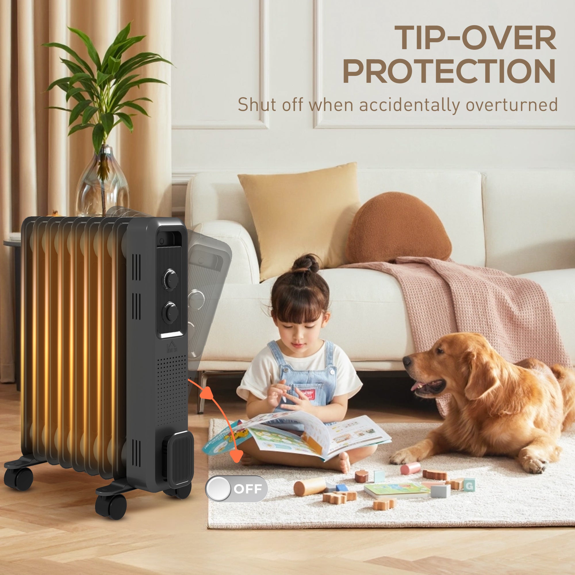 HOMCOM 2000W Oil Filled Radiator, 9 Fin, Portable Electric Heater with 3 Heat Settings, Safety Cut-Off and Wheels, Grey - North Peak Garden Furniture