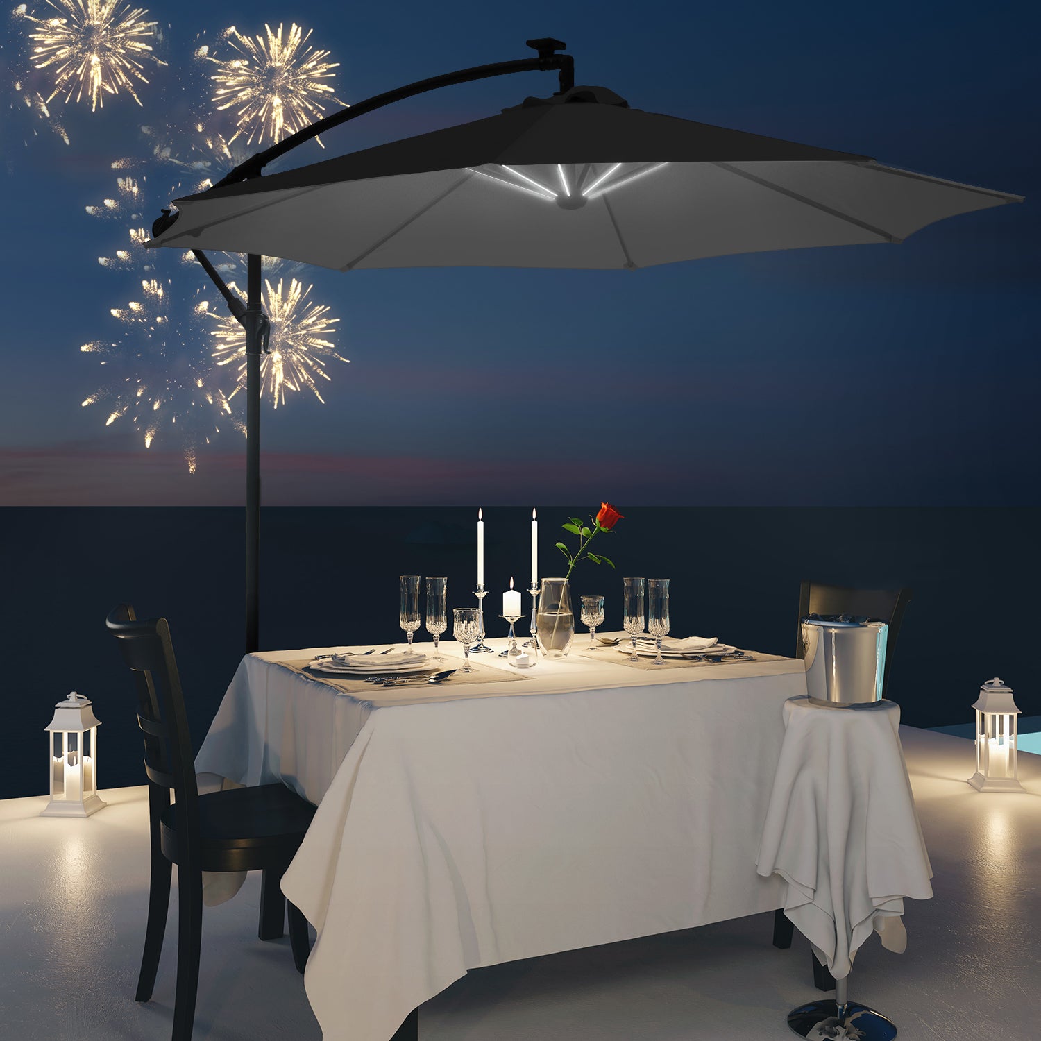 Outsunny 3m LED Patio Banana Umbrella Cantilever Parasol w/ Crank Cross Base Hanging Offset Umbrella Frame Steel  Aluminium Garden Table Outdoor Black