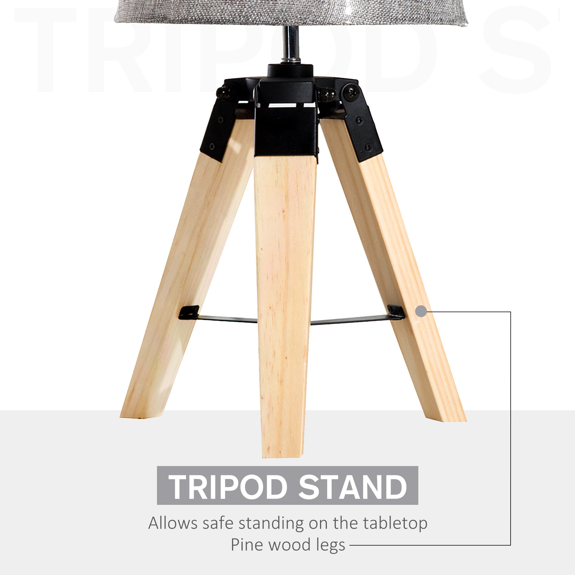 HOMCOM Wooden Tripod Table Lamp for Side, Desk or End Table with E27 Bulb Base（Grey Shade） - North Peak Garden Furniture