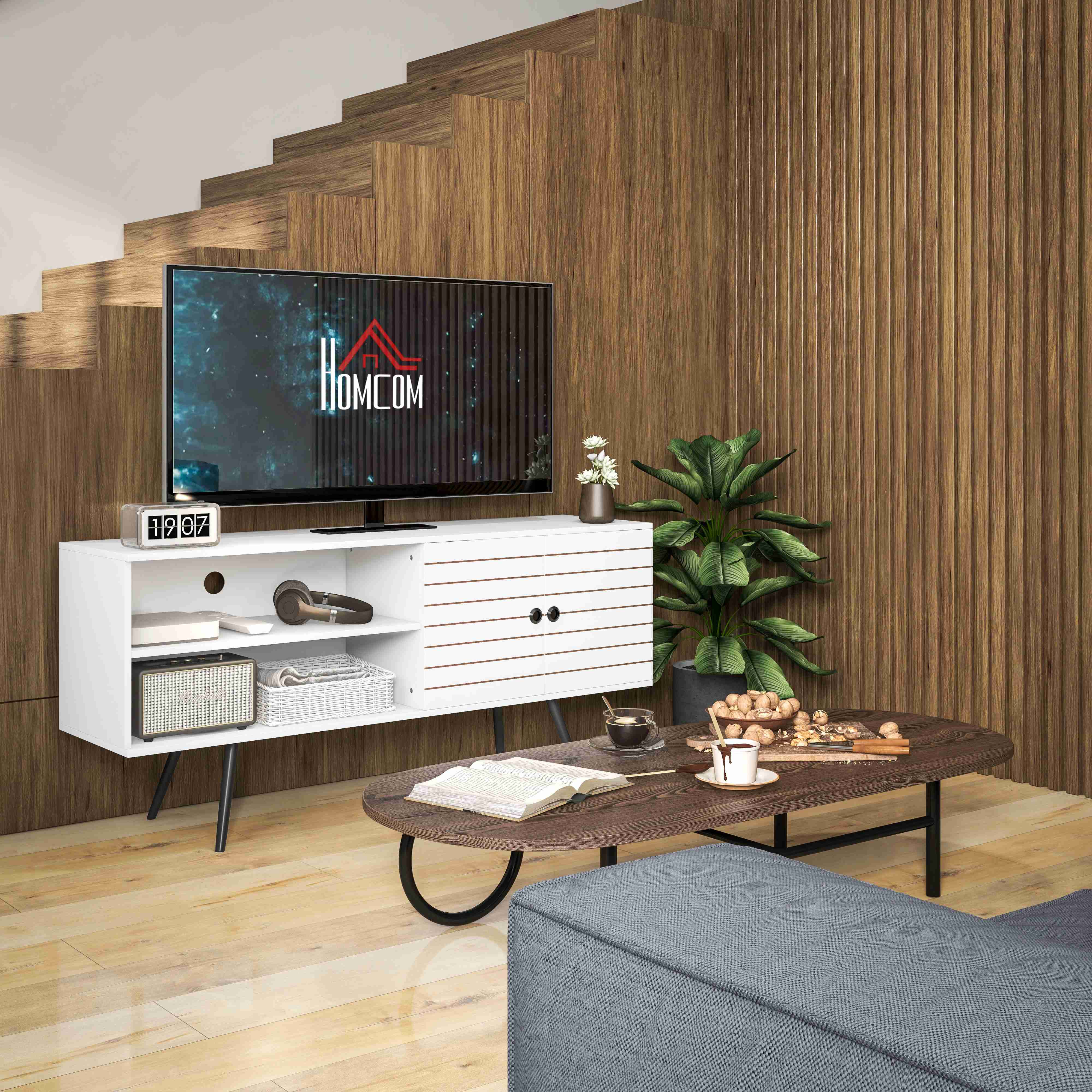 HOMCOM Duo Storage TV Unit, with Striped Door - White - North Peak Garden Furniture