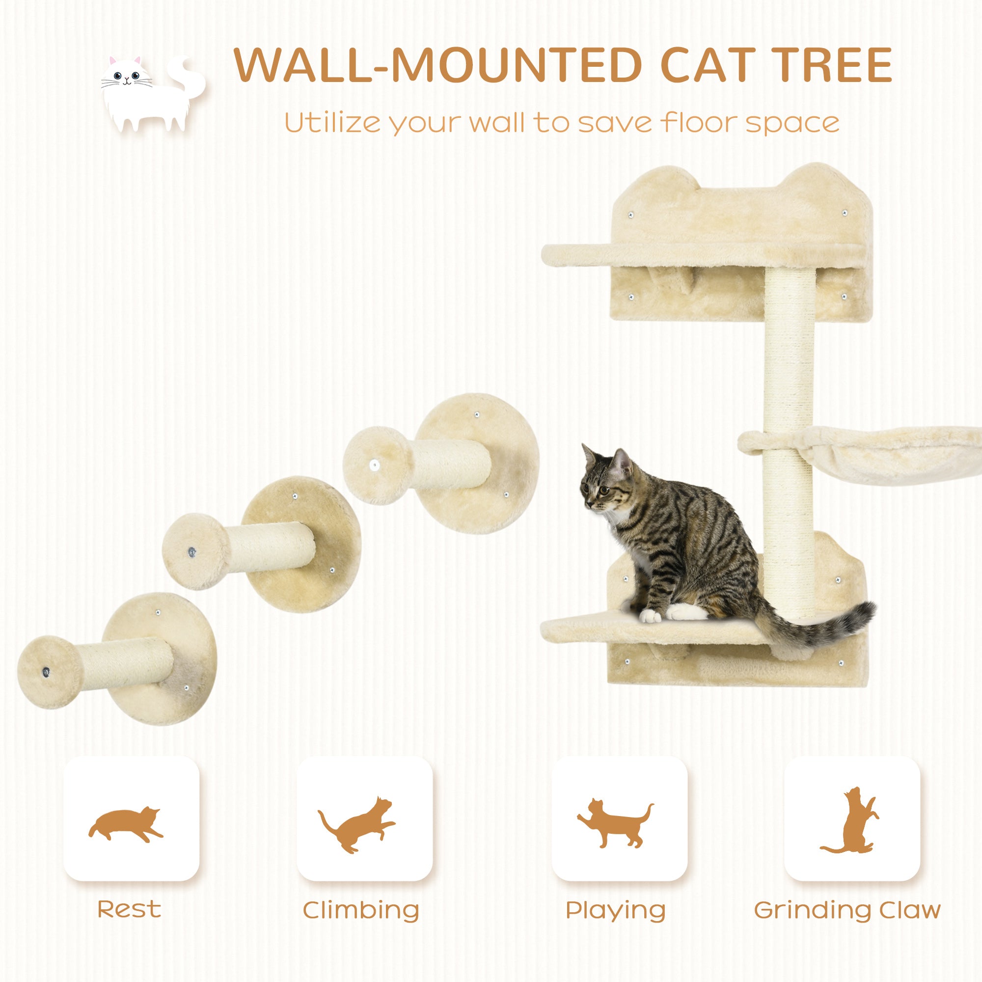 PawHut 4 Piece Cat Shelf with Scratching Post, Wall-Mounted Cat Tree for Indoor Cat - Beige - North Peak Garden Furniture