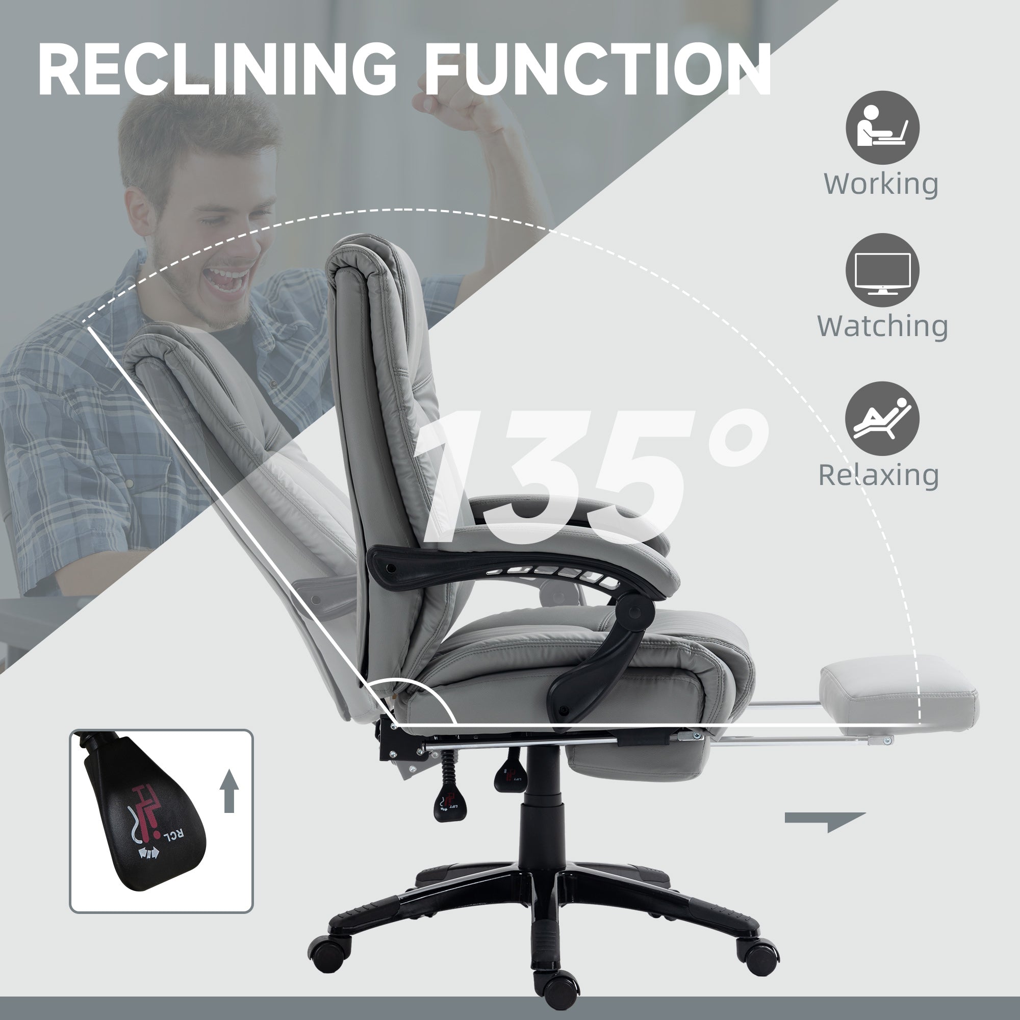 Vinsetto PU Leather Office Chair, Swivel Computer Chair with Footrest, Wheels, Adjustable Height, Grey - North Peak Garden Furniture