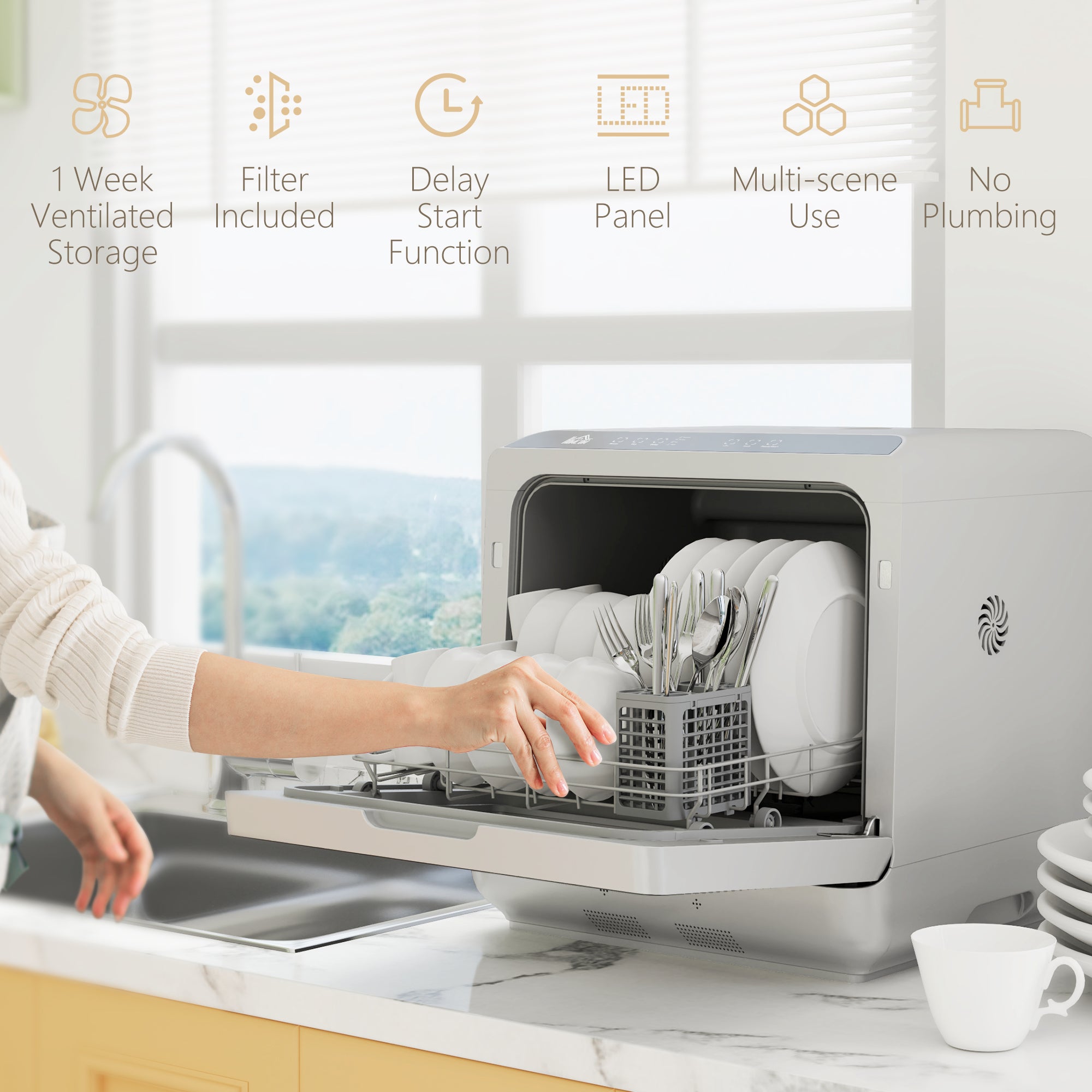 HOMCOM Tabletop Dishwasher, Mini Countertop Dishwasher with 4 Place Settings, 6 Programs, 6L Water Tank, Touch Control, LED Display, Delay Start, Dual Water Supply and Fruit Wash Mode, Silver Tone - North Peak Garden Furniture