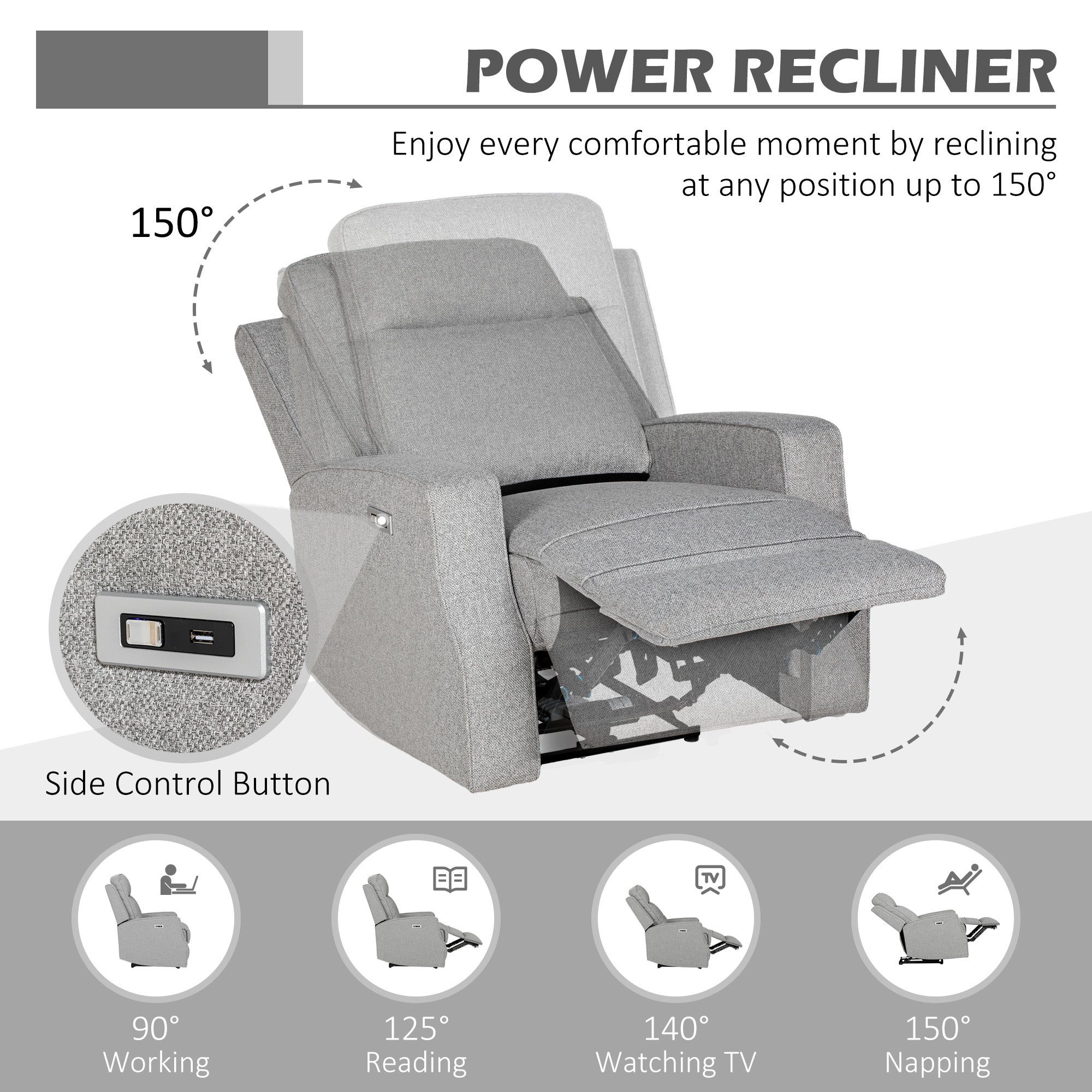 HOMCOM 150° Electric Reclining Chair, with USB port and Footrest - Grey