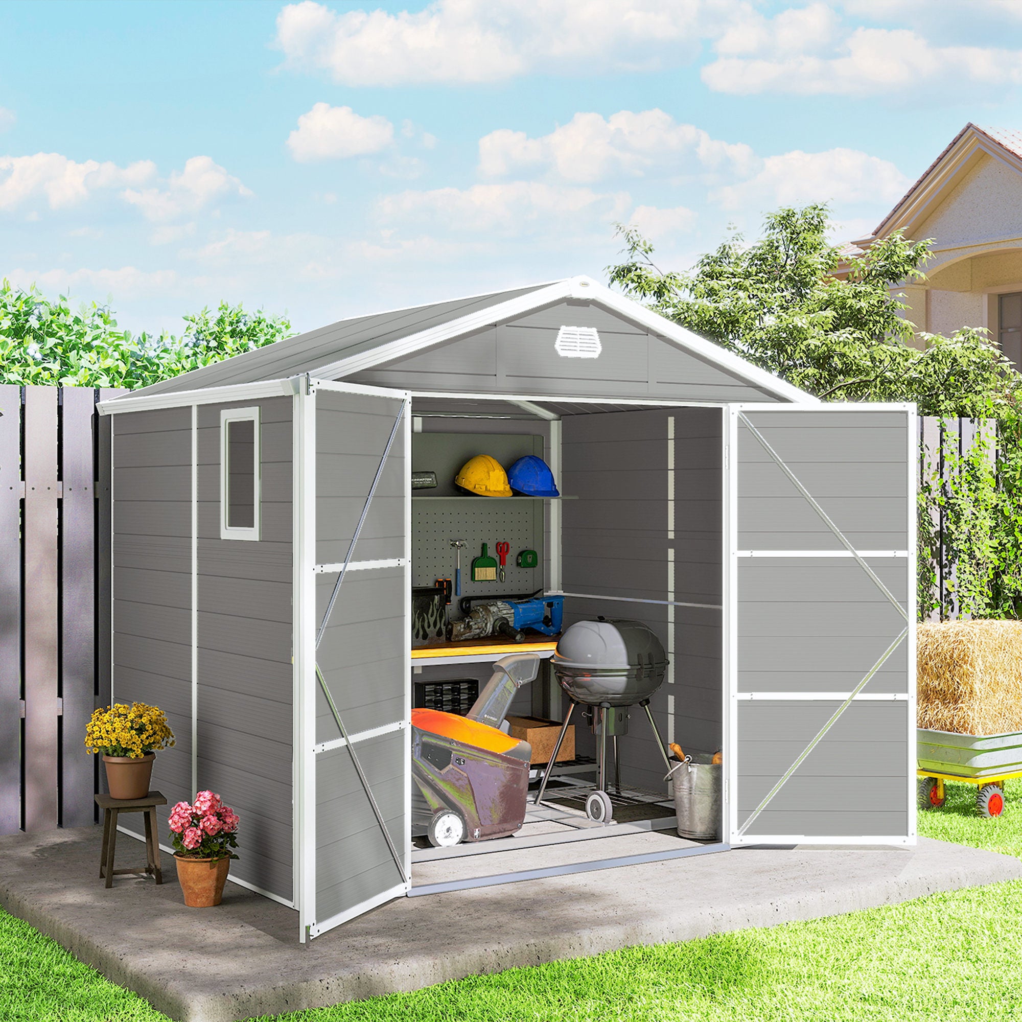 Outsunny 7.9ft x 6.2ft Aluminium Frame and Plastic Wall Shed, with Foundation - Light Grey