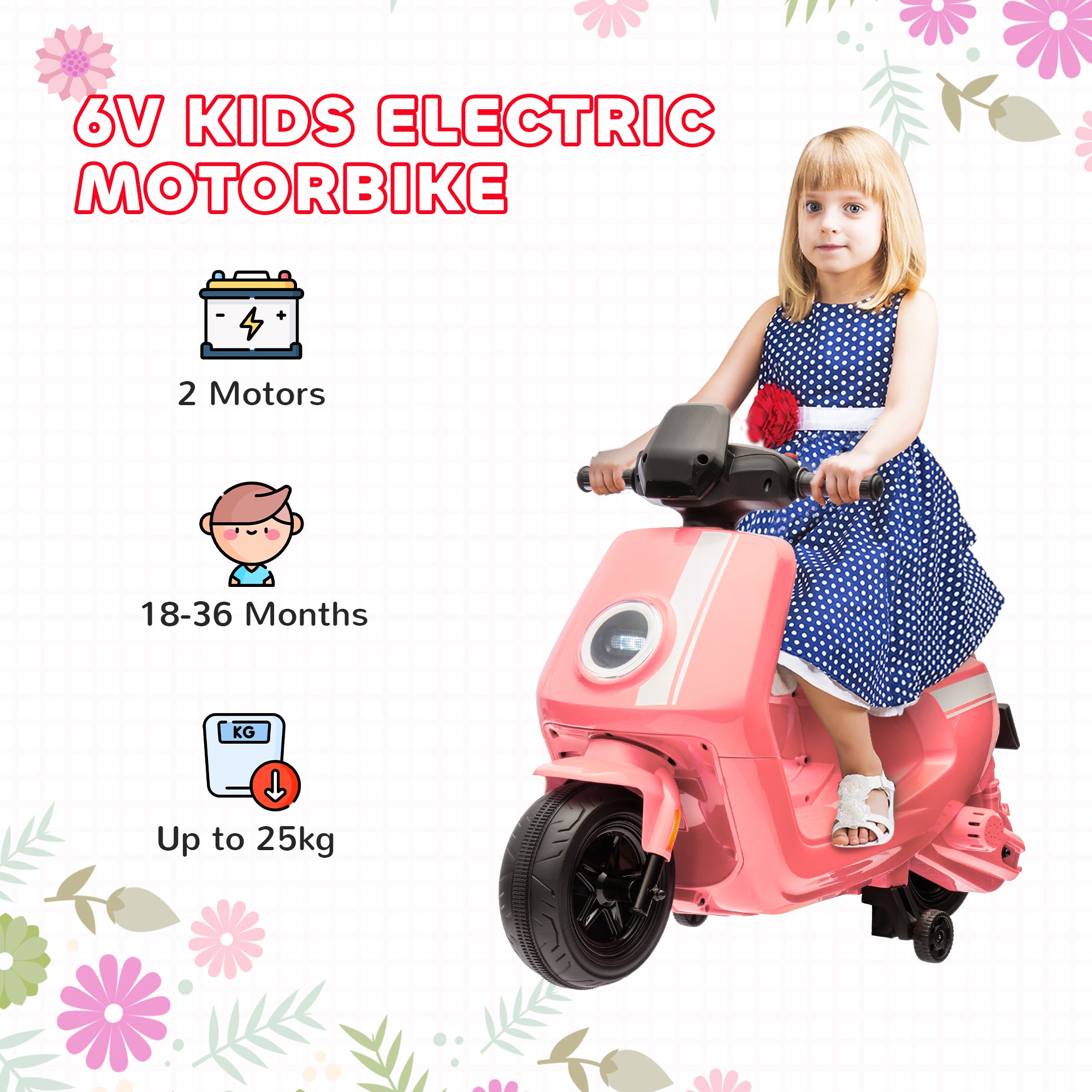AIYAPLAY 6V Ride on Motorbike Kids Electric Motorbike w/ Headlight Music, Training Wheels, for Ages 18-36 Months - Pink - North Peak Garden Furniture