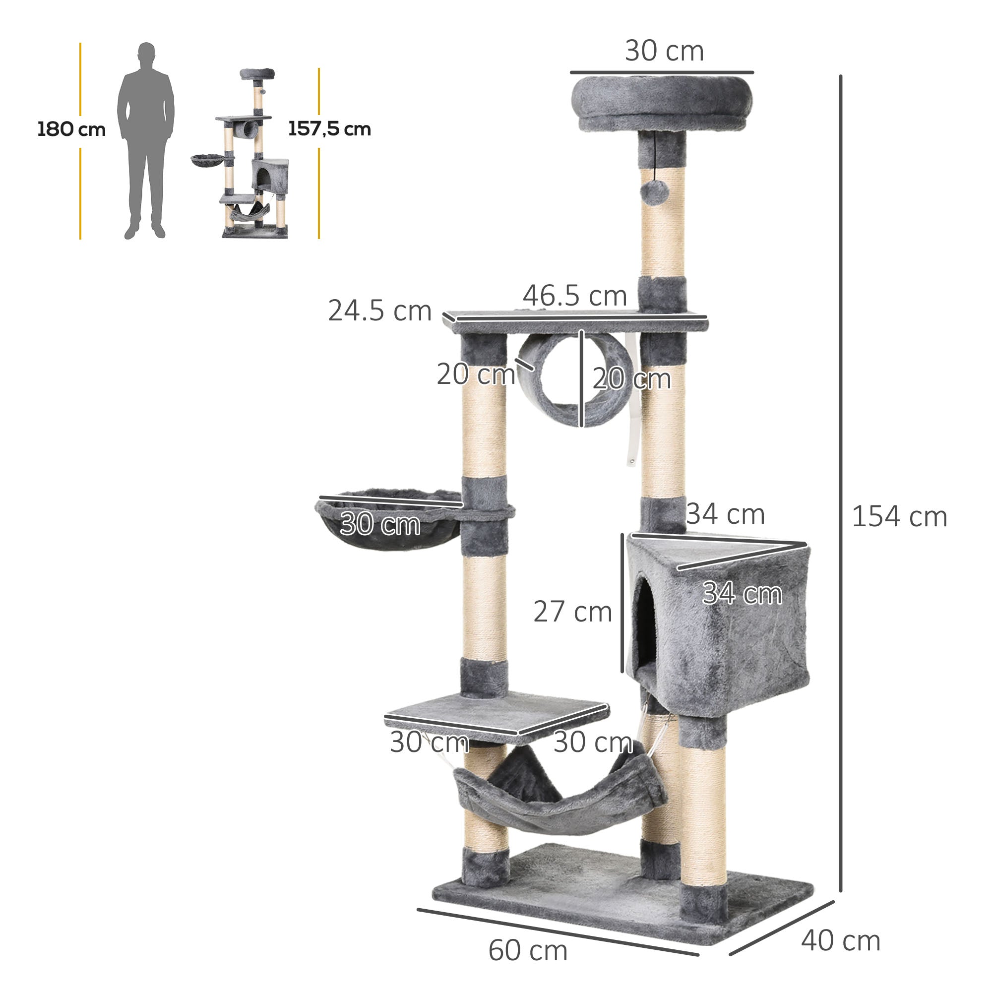 PawHut Cat Tree Condo Tower, Multi-level Activity Stand for Kittens, 150CM Height with Toys & Scratching Posts