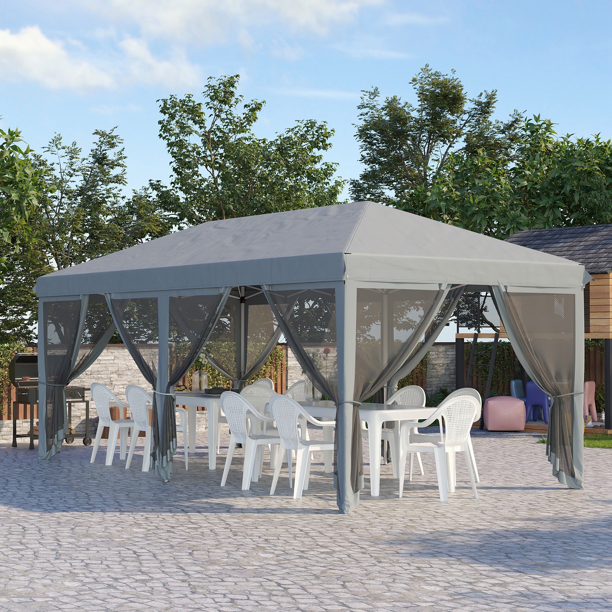 Outsunny 3 x 6m Pop Up Gazebo, Outdoor Canopy Shelter, Marquee Party Wedding Tent with 6 Mesh Walls and Carry Bag, Grey - North Peak Garden Furniture