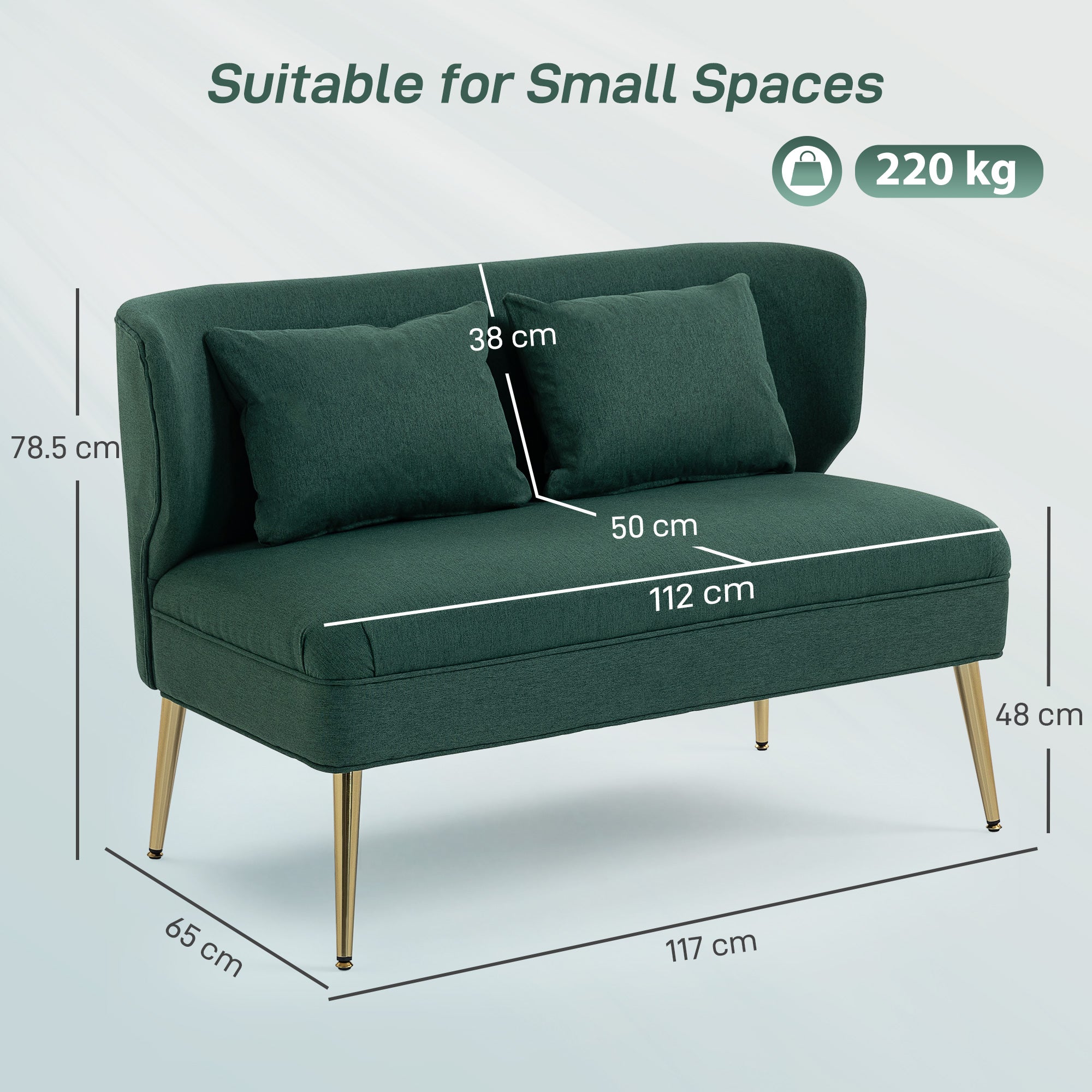HOMCOM 2 Seater Sofa, Linen-look Fabric Small Sofa with Wing Back, Thick Seat, Metal Legs, Dark Green