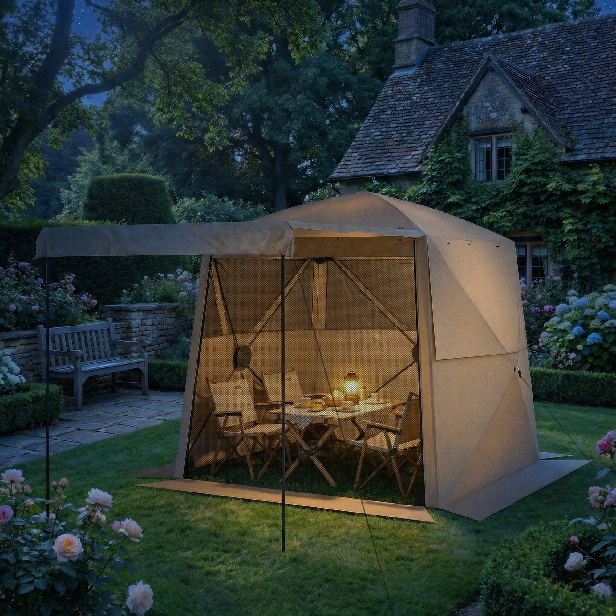 Outsunny Pop Up Gazebo Waterproof Instant Shelter with Awning Mesh Windows for Camping Patio 2 x 2 m, Khaki
