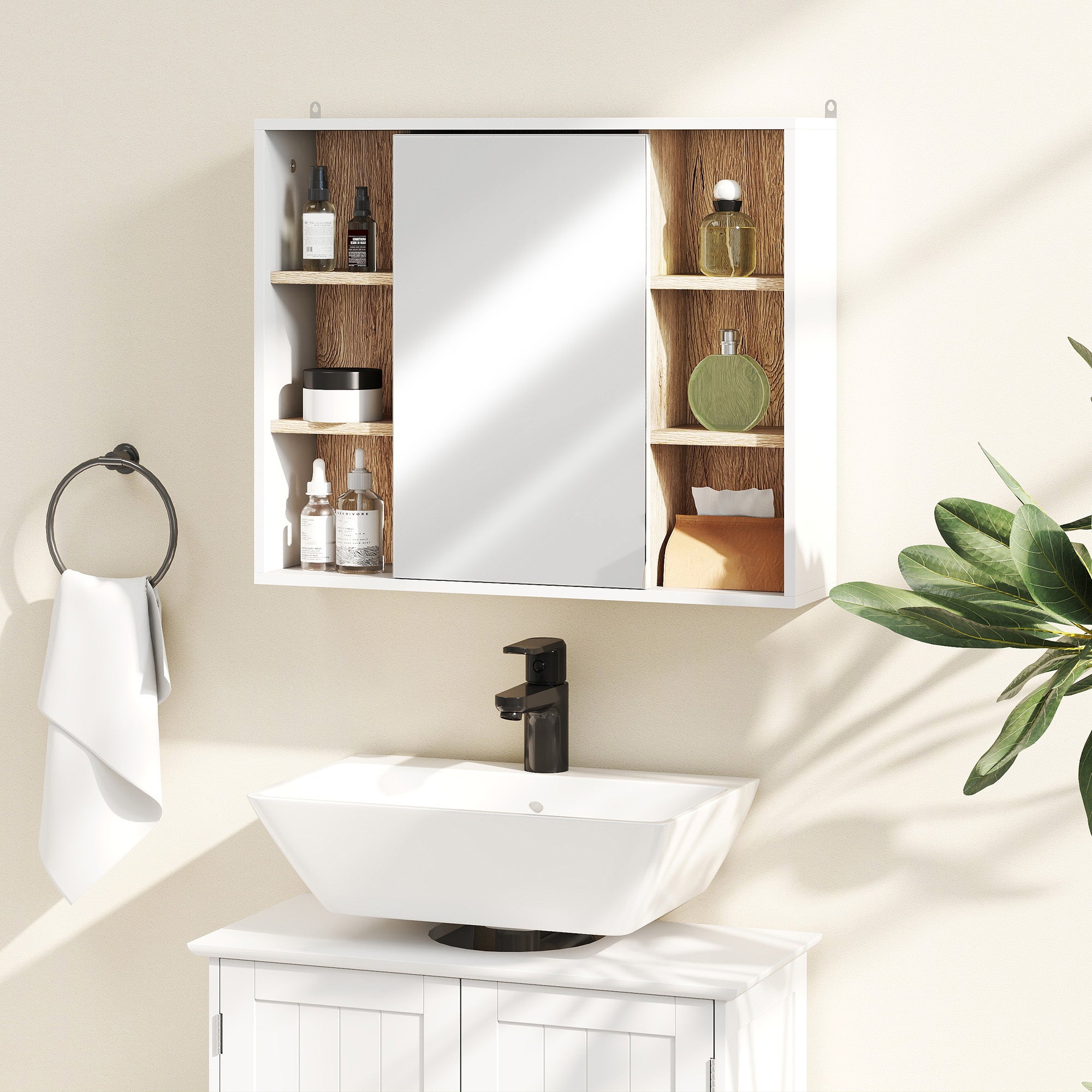 HOMCOM Bathroom Mirror Cabinet, Wall Mounted Storage Cabinet with Open Cupboard and Adjustable Shelf, White