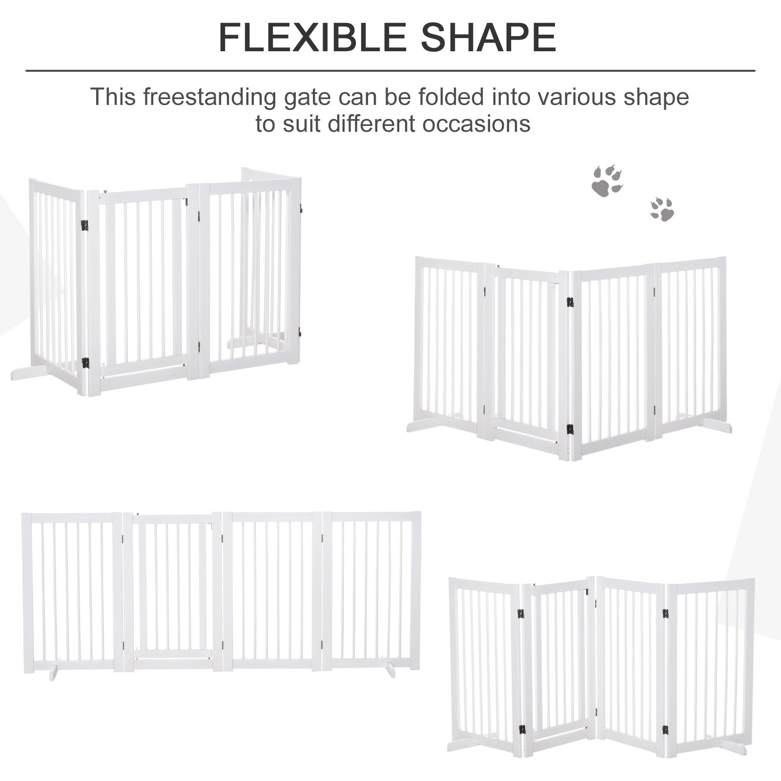 PawHut Freestanding Pet Gate 4 Panels Wooden Dog Safety Fence Foldable with Support Feet for Doorway Stairs 91cm Tall White - North Peak Garden Furniture