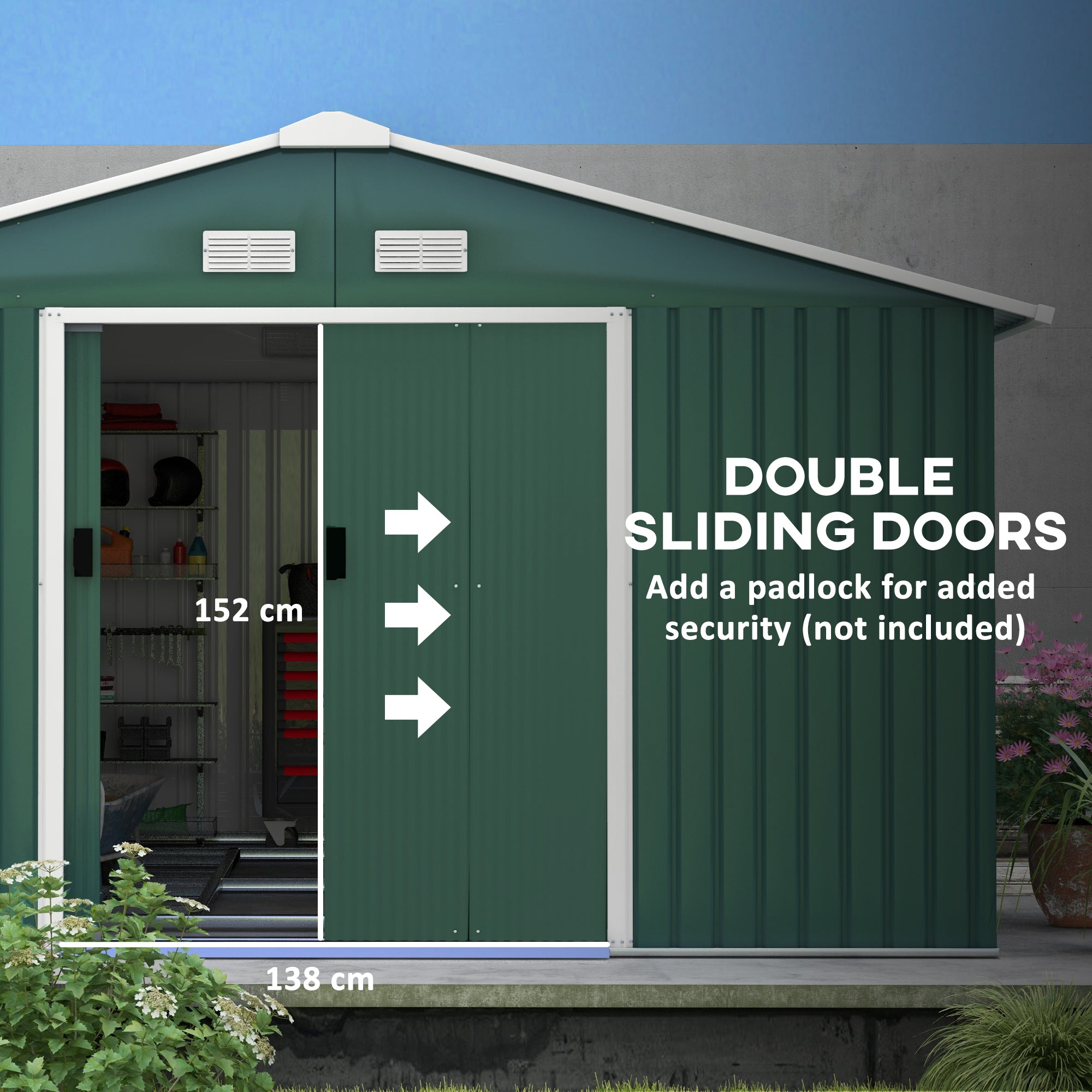Outsunny 12.5 x 11.1ft Steel Sliding Door Storage Shed - Green