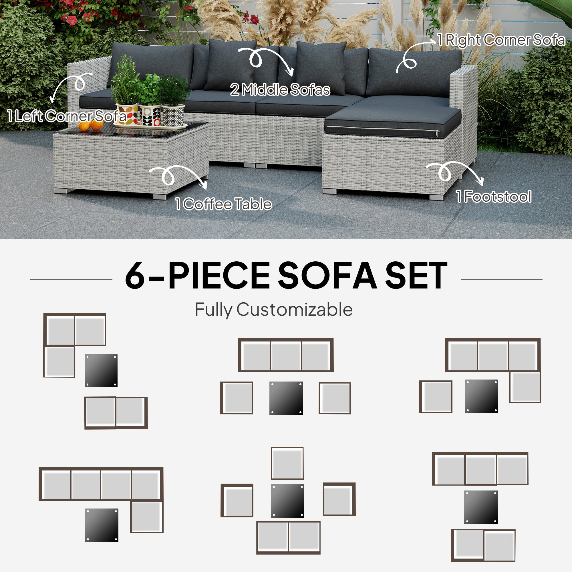 Outsunny 6 Pieces Rattan Corner Sofa Set - Mixed Grey - North Peak Garden Furniture