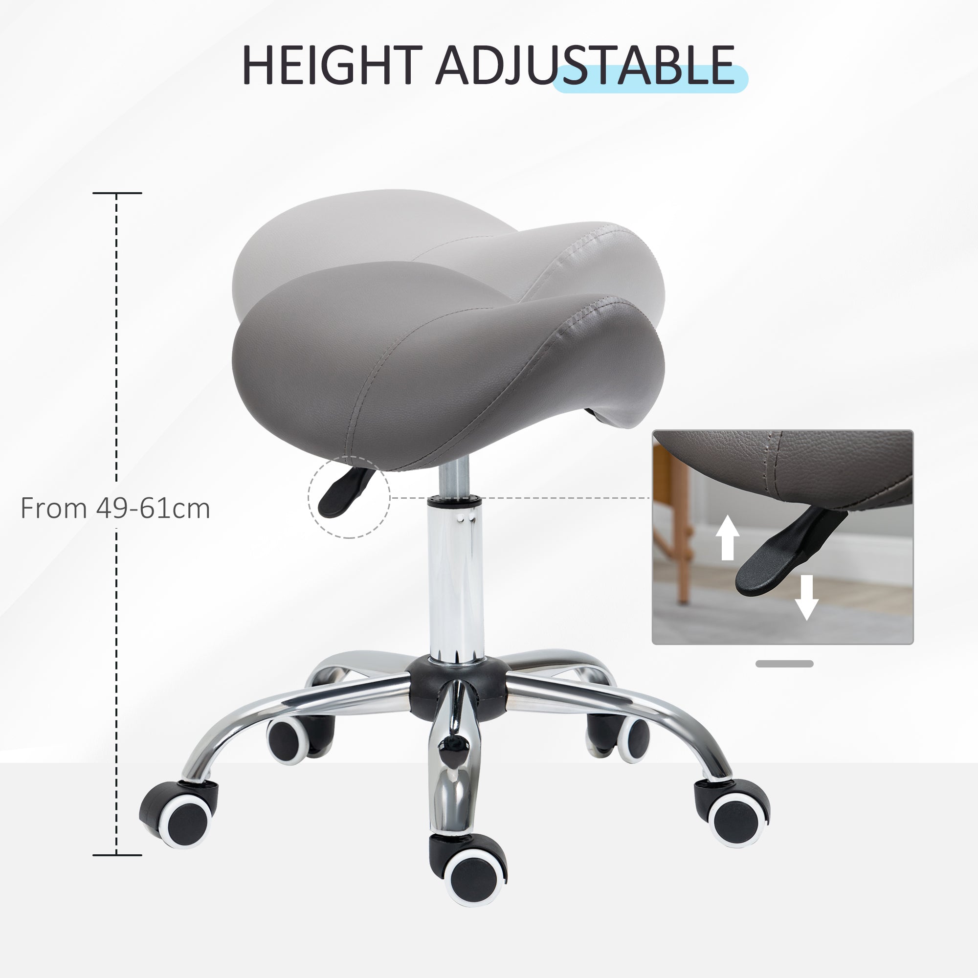 HOMCOM Cosmetic Stool 360° Rotate Height Adjustable Salon Massage Spa Chair Hydraulic Rolling Faux Leather Saddle Stool, Grey - North Peak Garden Furniture