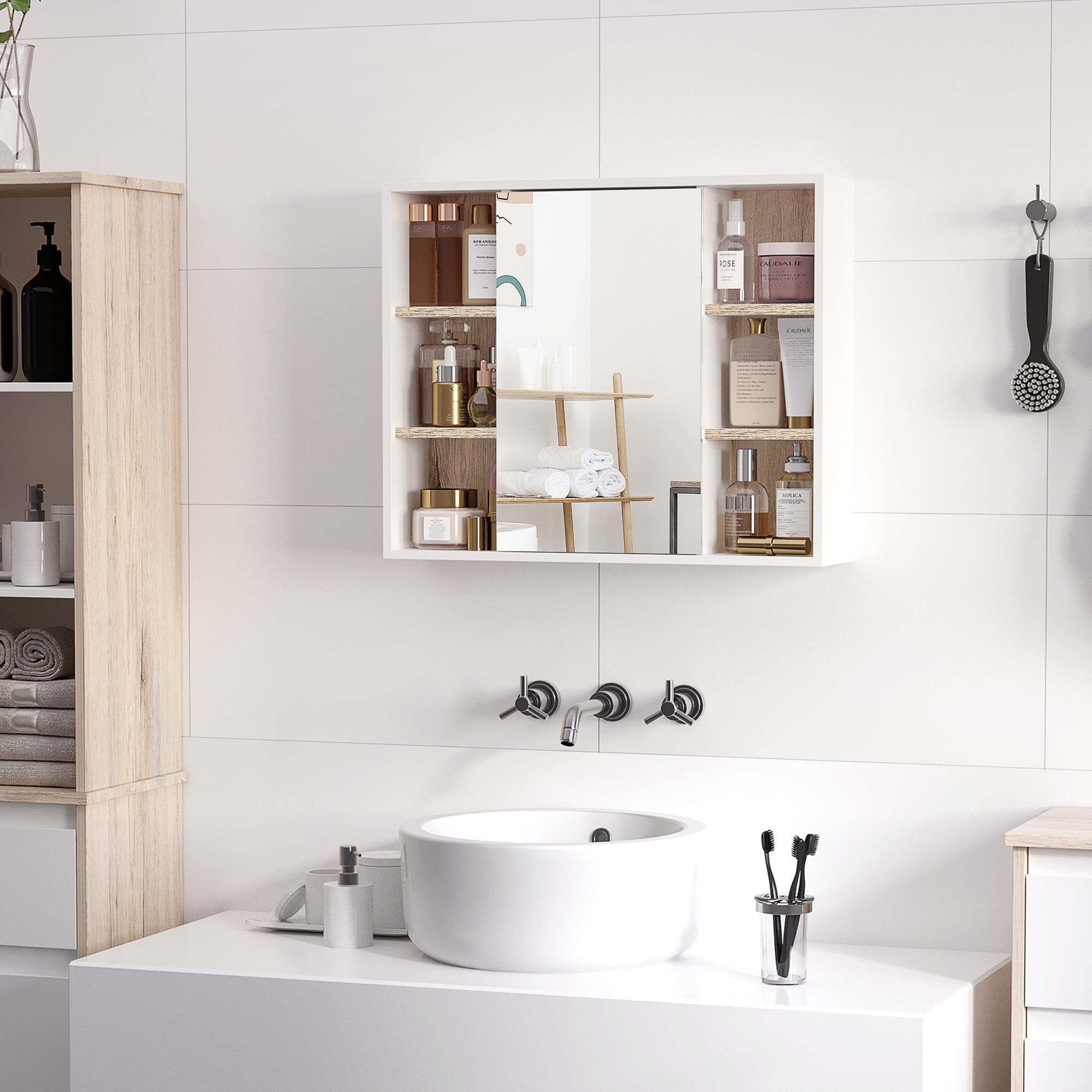 HOMCOM Bathroom Mirror Cabinet, Wall Mounted Storage Cabinet with Open Cupboard and Adjustable Shelf, White - North Peak Garden Furniture