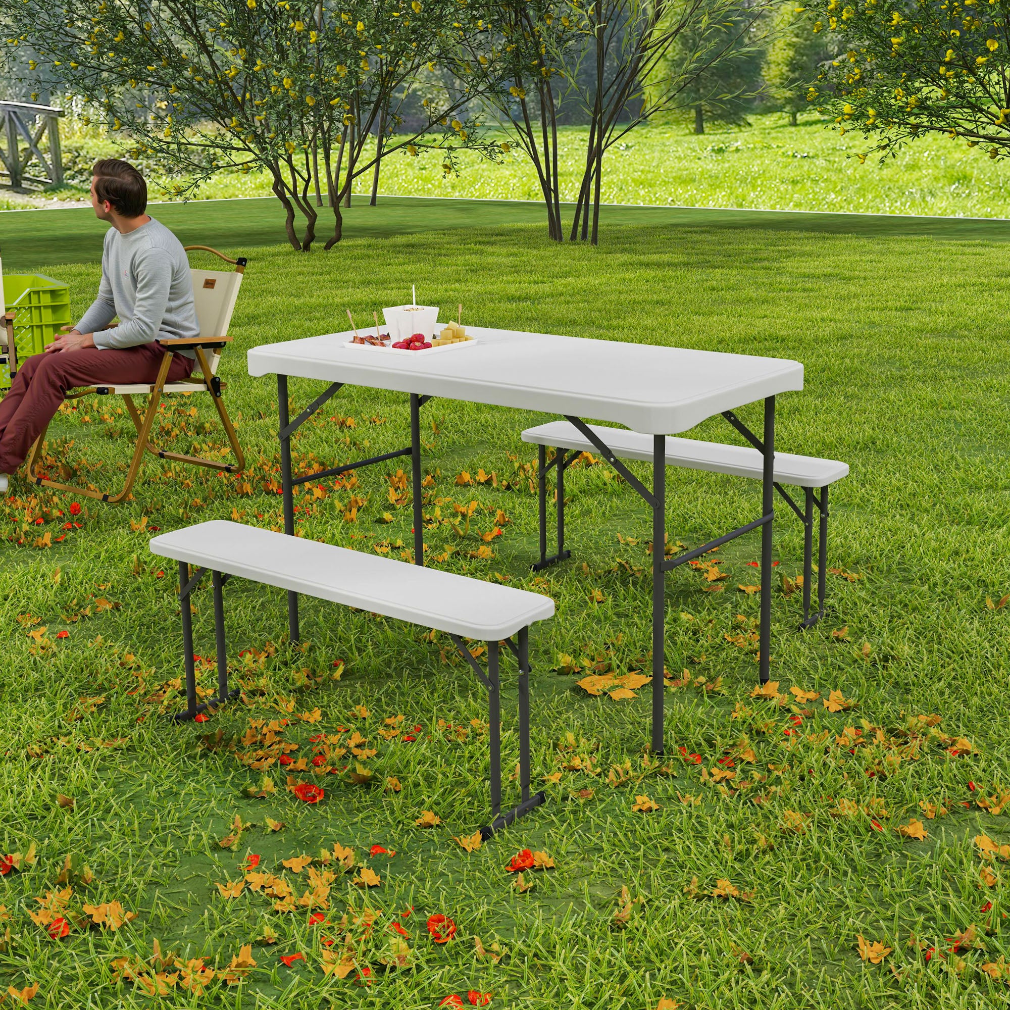 Outsunny 3 Piece 4ft Folding Picnic Table and Bench Set, Portable HDPE Camping Table and Chairs with Carrying Handle for Indoor Outdoor, Dining, Camping, Picnic, BBQ, Party, Light Grey - North Peak Garden Furniture