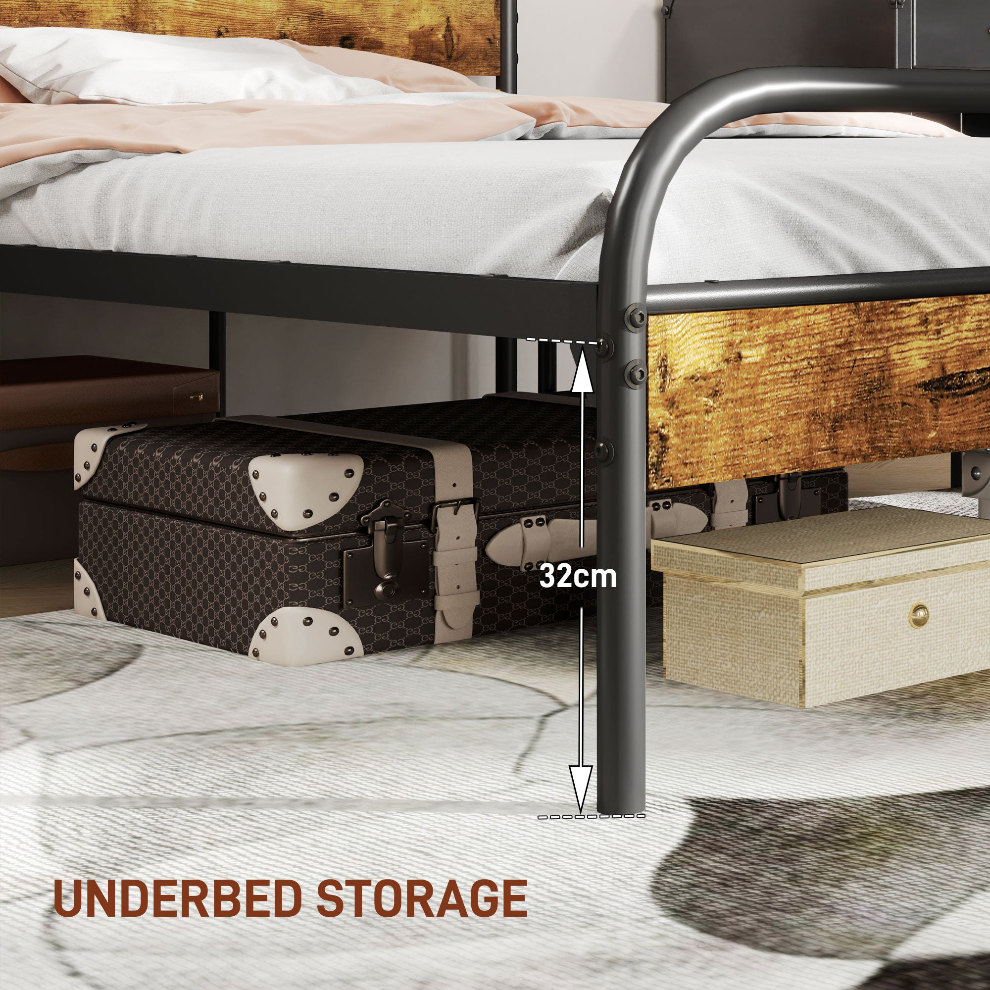 HOMCOM Industrial-Style King Bed Frame - Black/Brown - North Peak Garden Furniture