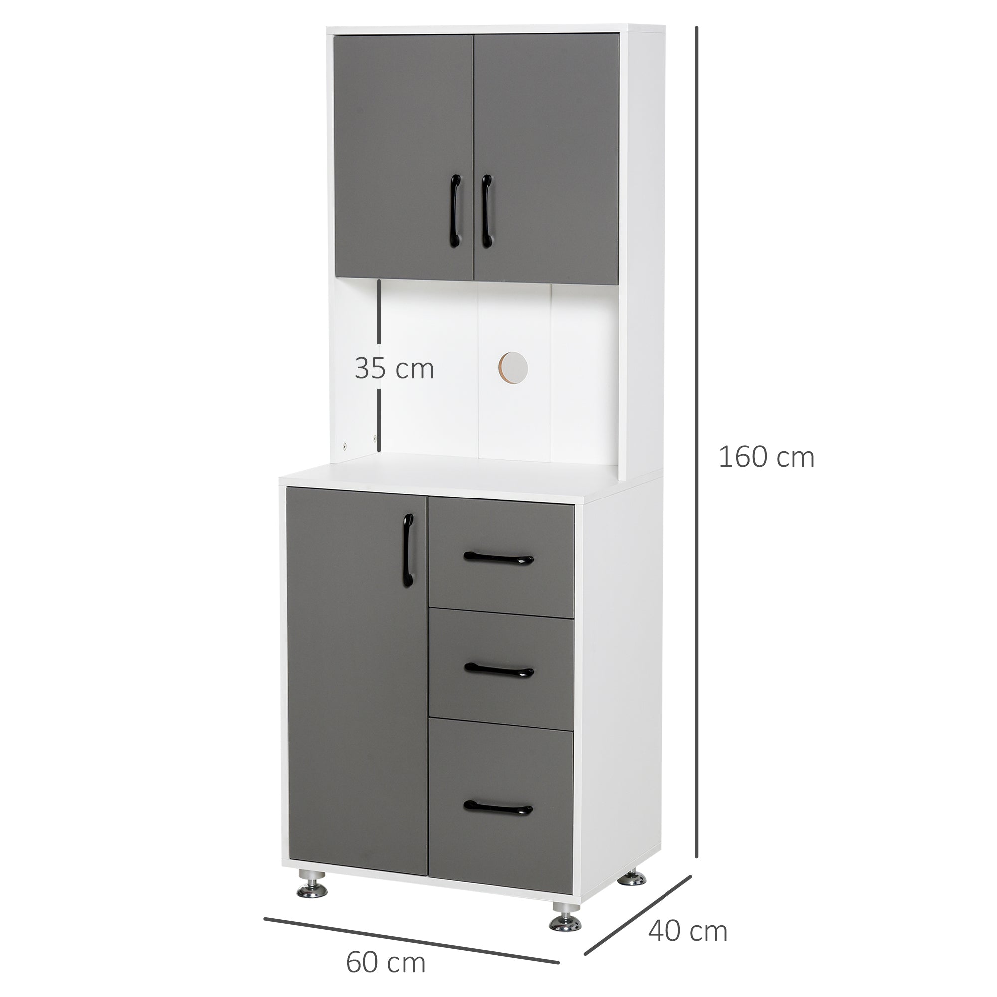 HOMCOM Modern Kitchen Cupboard with Storage Cabinets, 3 Drawers and Open Countertop for Living Room, Grey