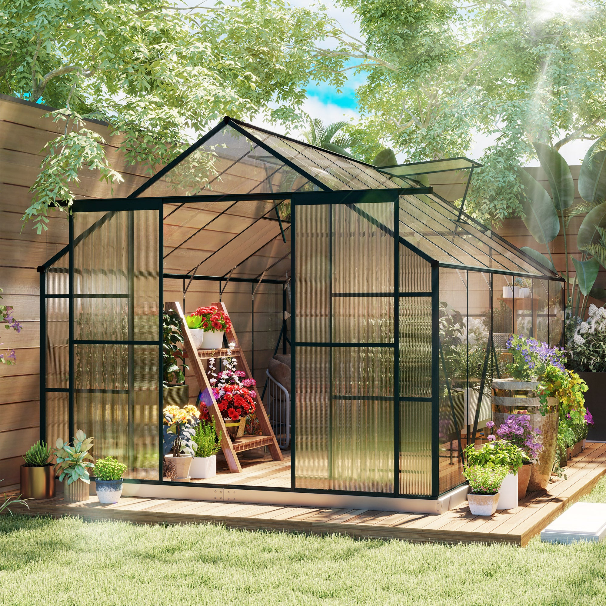 Outsunny 8 x 12ft Aluminium Greenhouse Polycarbonate Walk-in Garden Greenhouse Kit with Adjustable Roof Vent, Double Sliding Door, Rain Gutter and Foundation, Clear