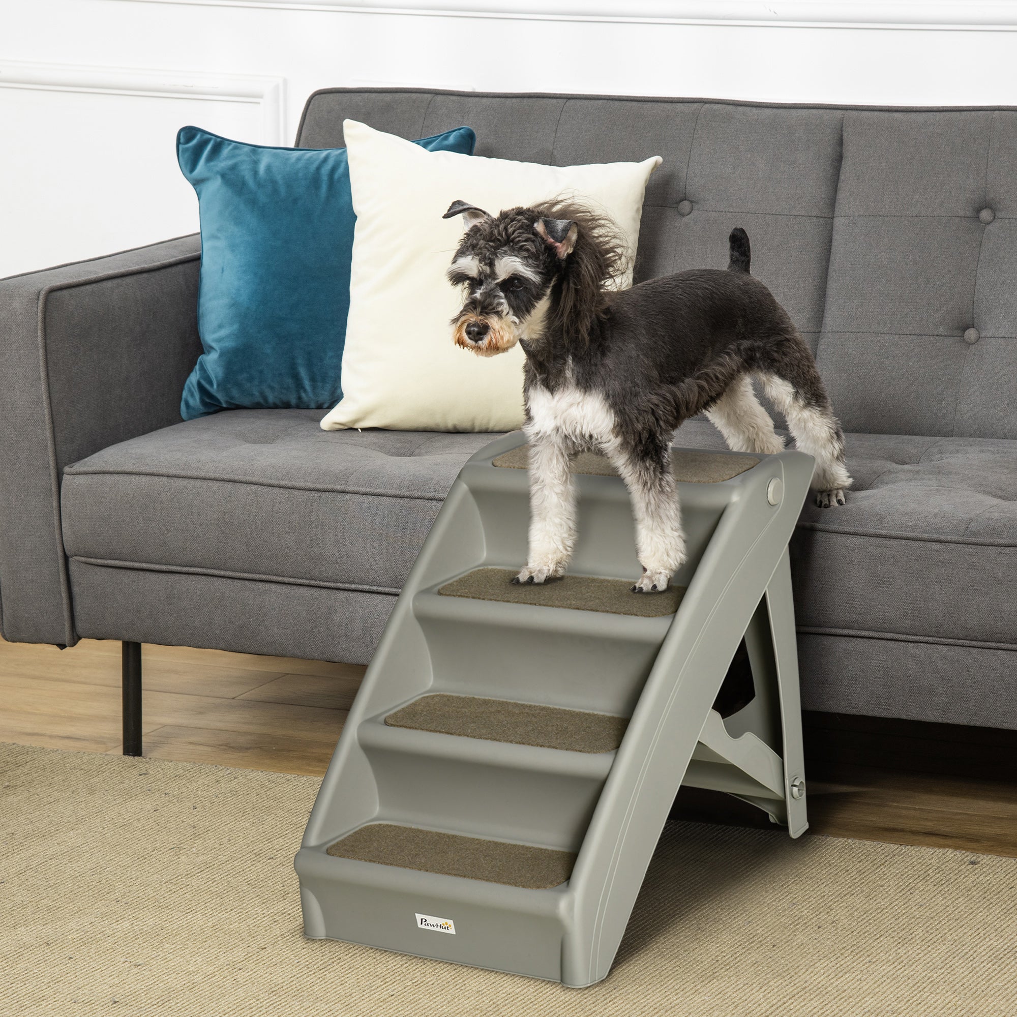 PawHut Foldable Four-Step Pet Stairs, for Cats, Small Miniature Dogs, with Non-Slip Mats 62 x 38 x 49.5cm - Grey - North Peak Garden Furniture